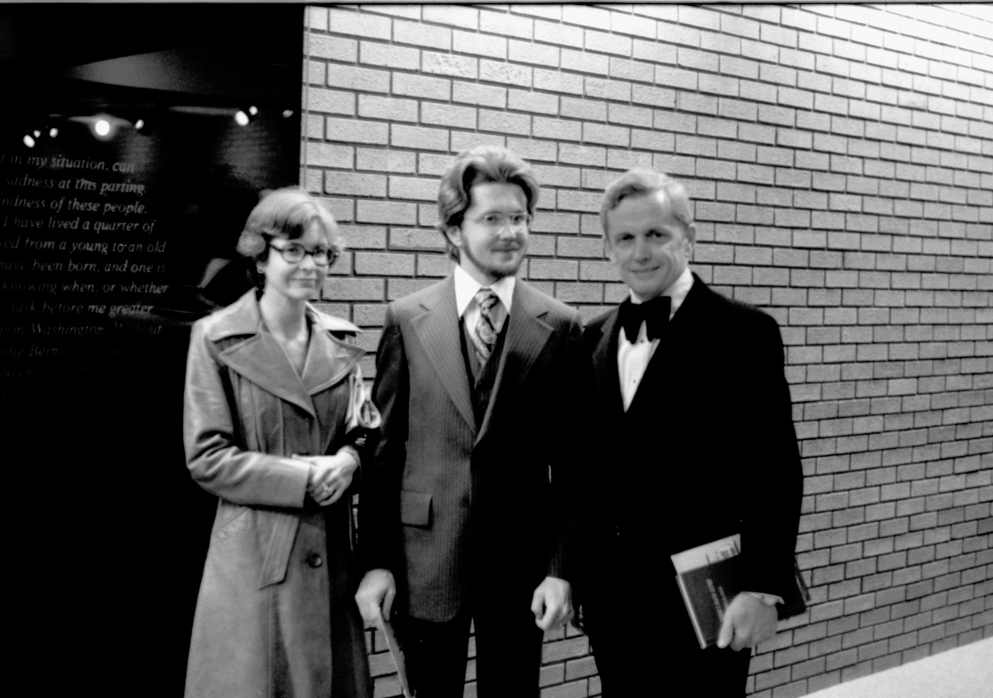 Woman and two men posing. Lincoln Home NHS- Paul Findley visit to LIHO Finley, visit