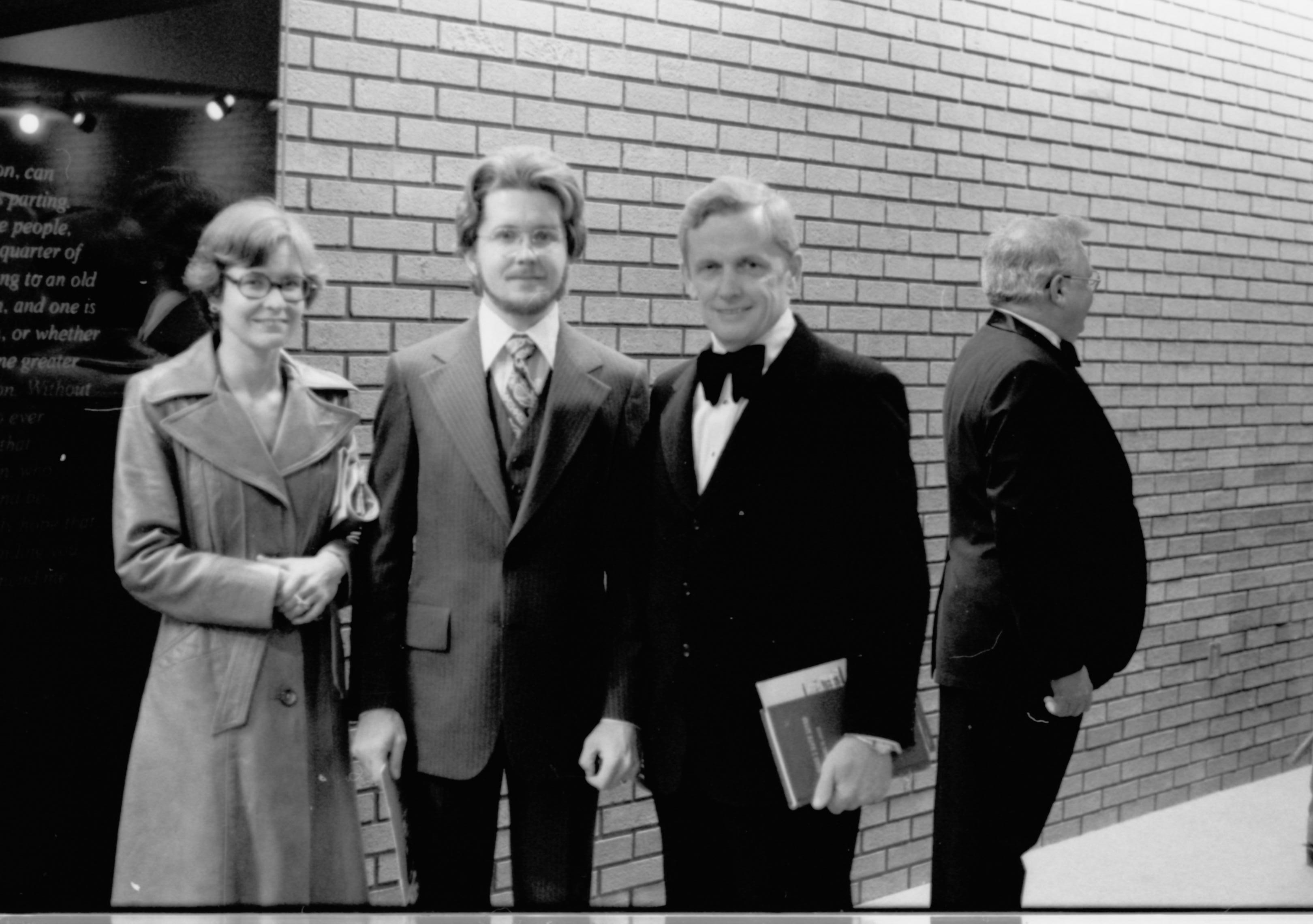 Woman and two men posing. Lincoln Home NHS- Paul Findley visit to LIHO Finley, visit
