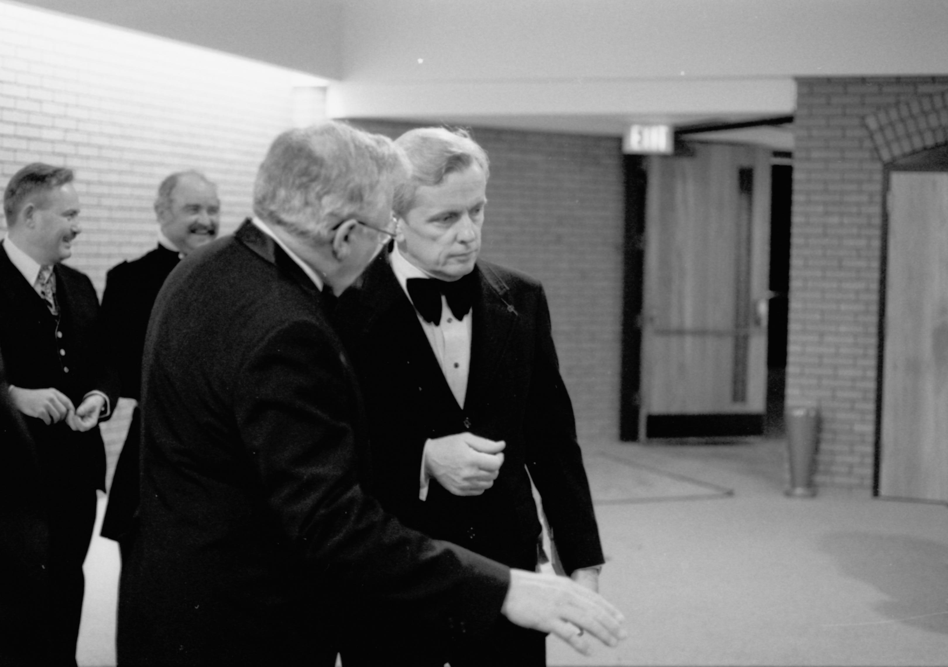 Two men conversing. Lincoln Home NHS- Paul Findley visit to LIHO Finley, visit