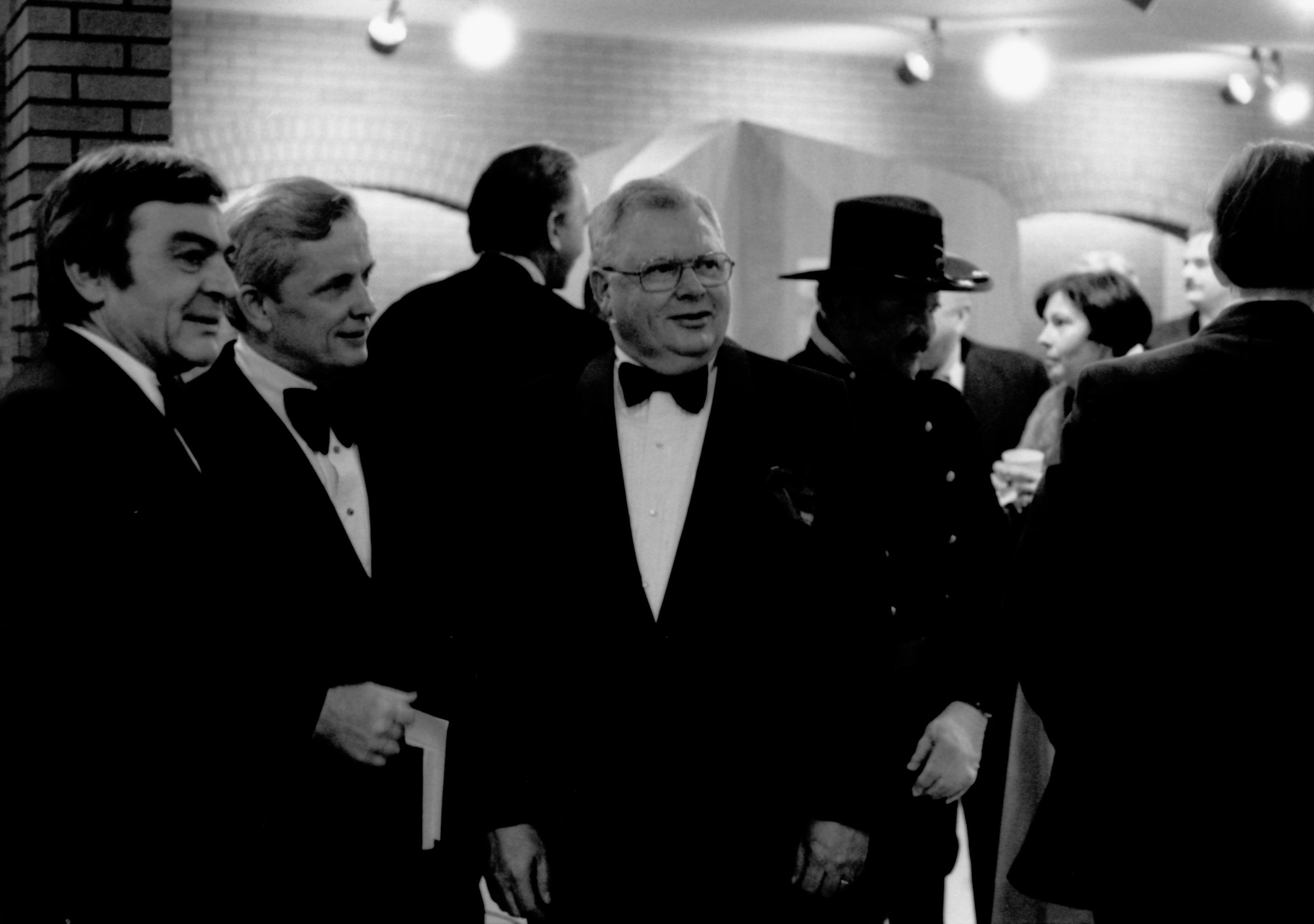 Three men in tuxedos standing. Lincoln Home NHS- Paul Findley visit to LIHO Finley, visit, reception