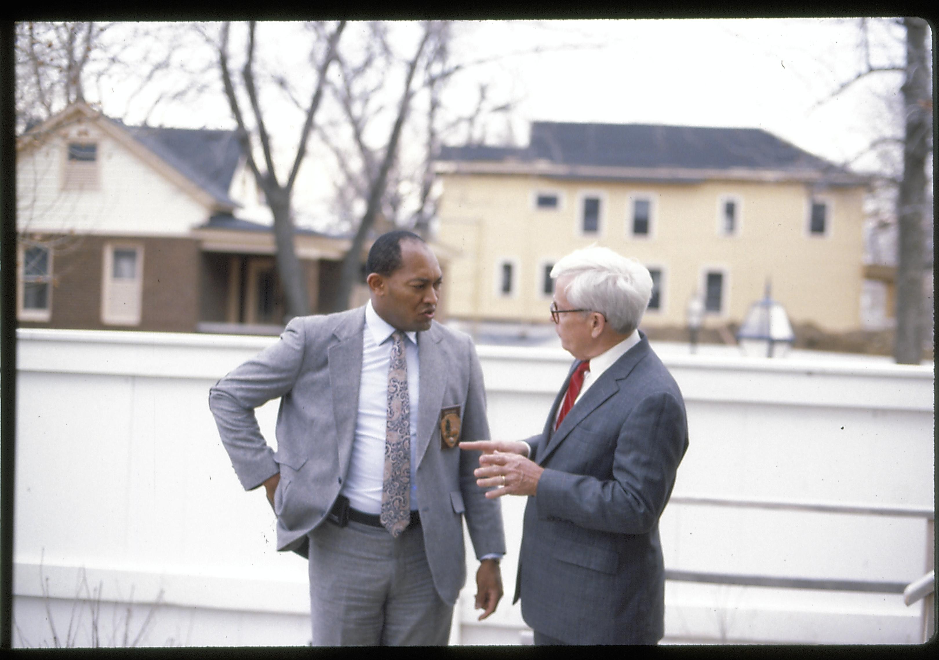 Two men conversing. Lincoln Home NHS- Paul Findley Recognition Award Finley, award