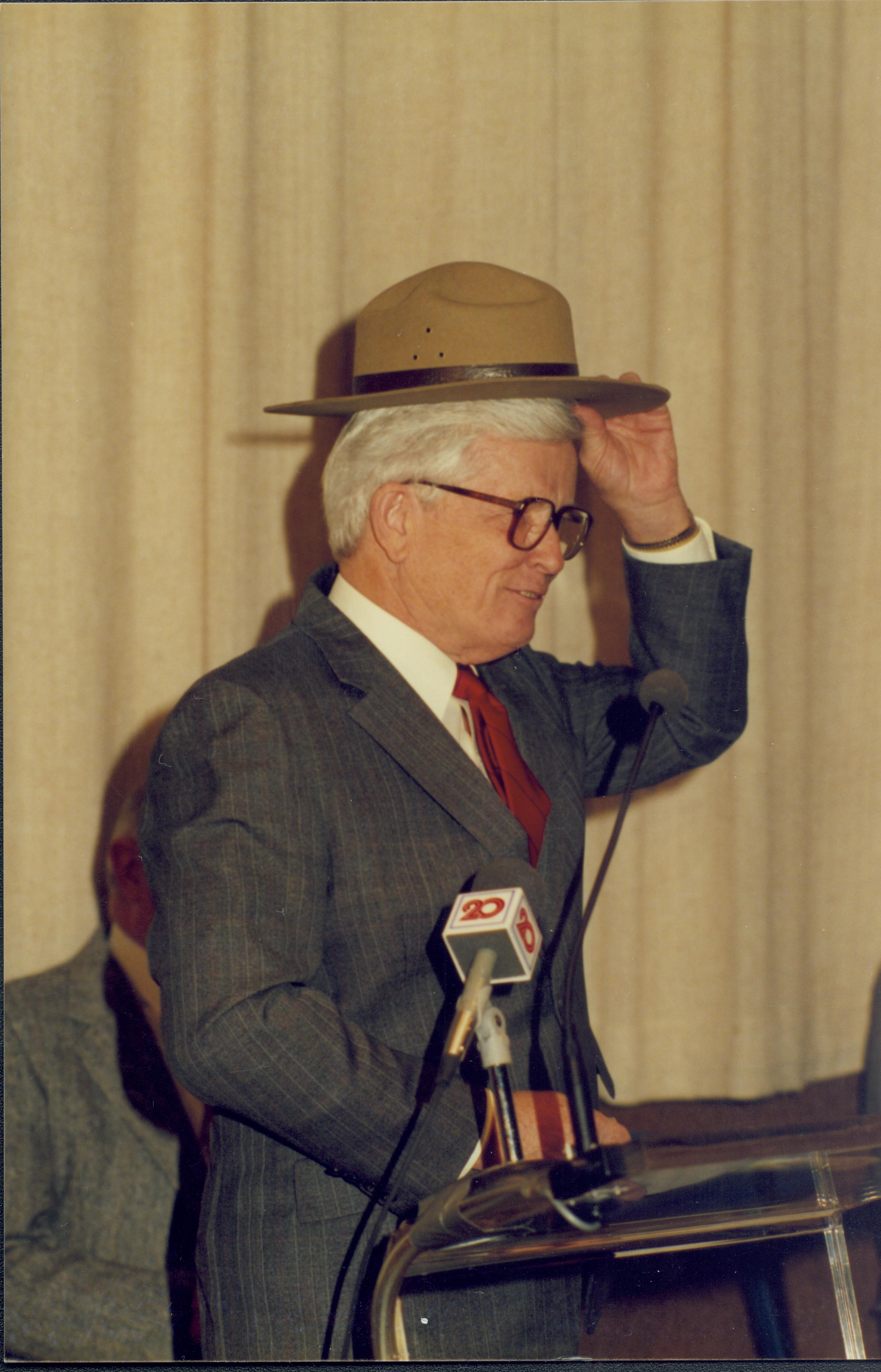 Man putting on Ranger hat. Lincoln Home NHS- Paul Findley Recognition Award, 4314 Finley, award