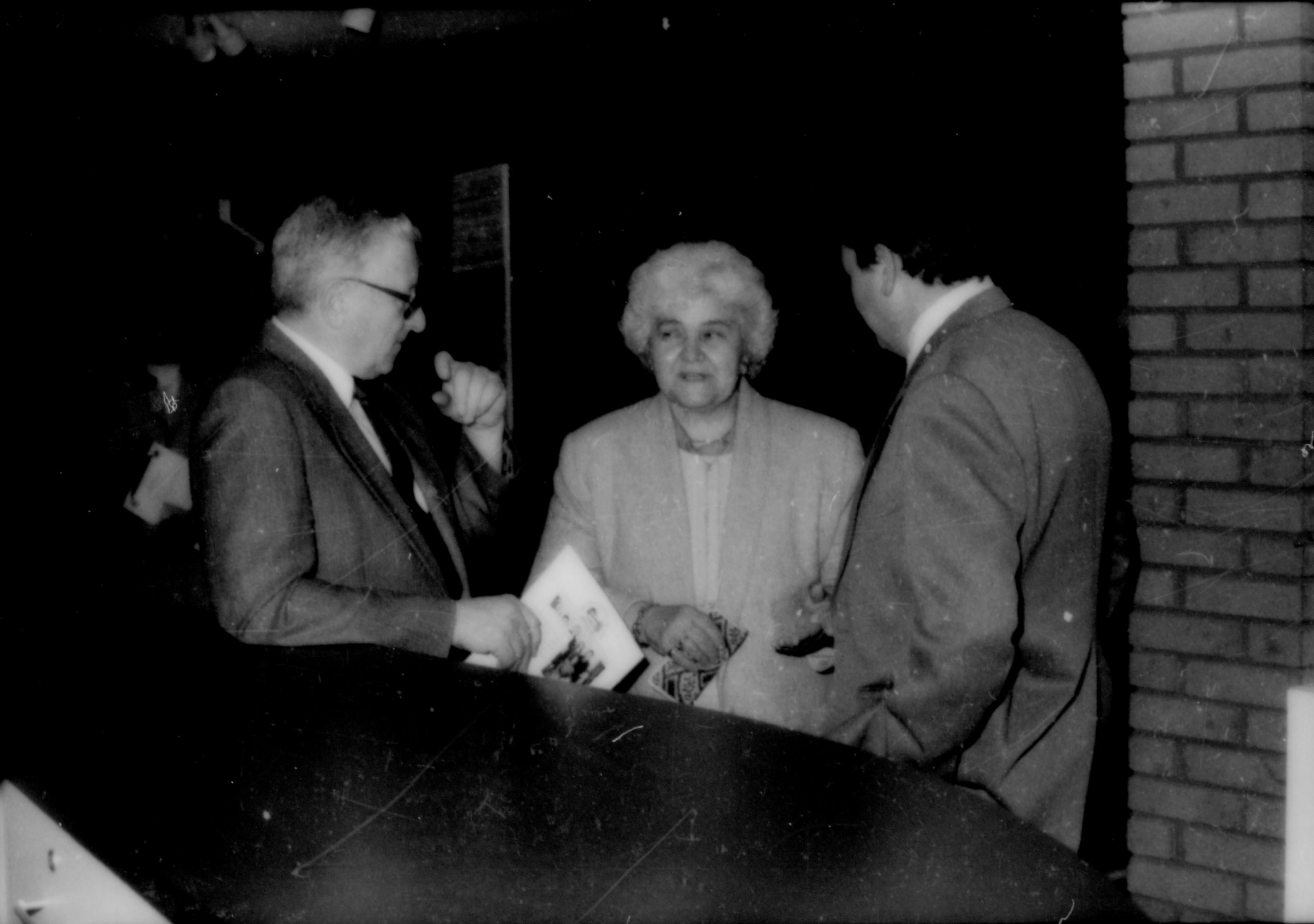 Two men and a lady talking. Lincoln Home NHS- Paul Findley and Michel VIP visit, 120 Finley, Michel, visit, reception
