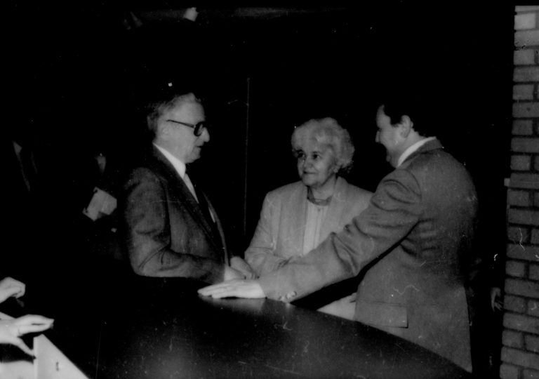 Two men and a lady talking. Lincoln Home NHS- Paul Findley and Michel VIP visit, 120 Finley, Michel, visit, reception