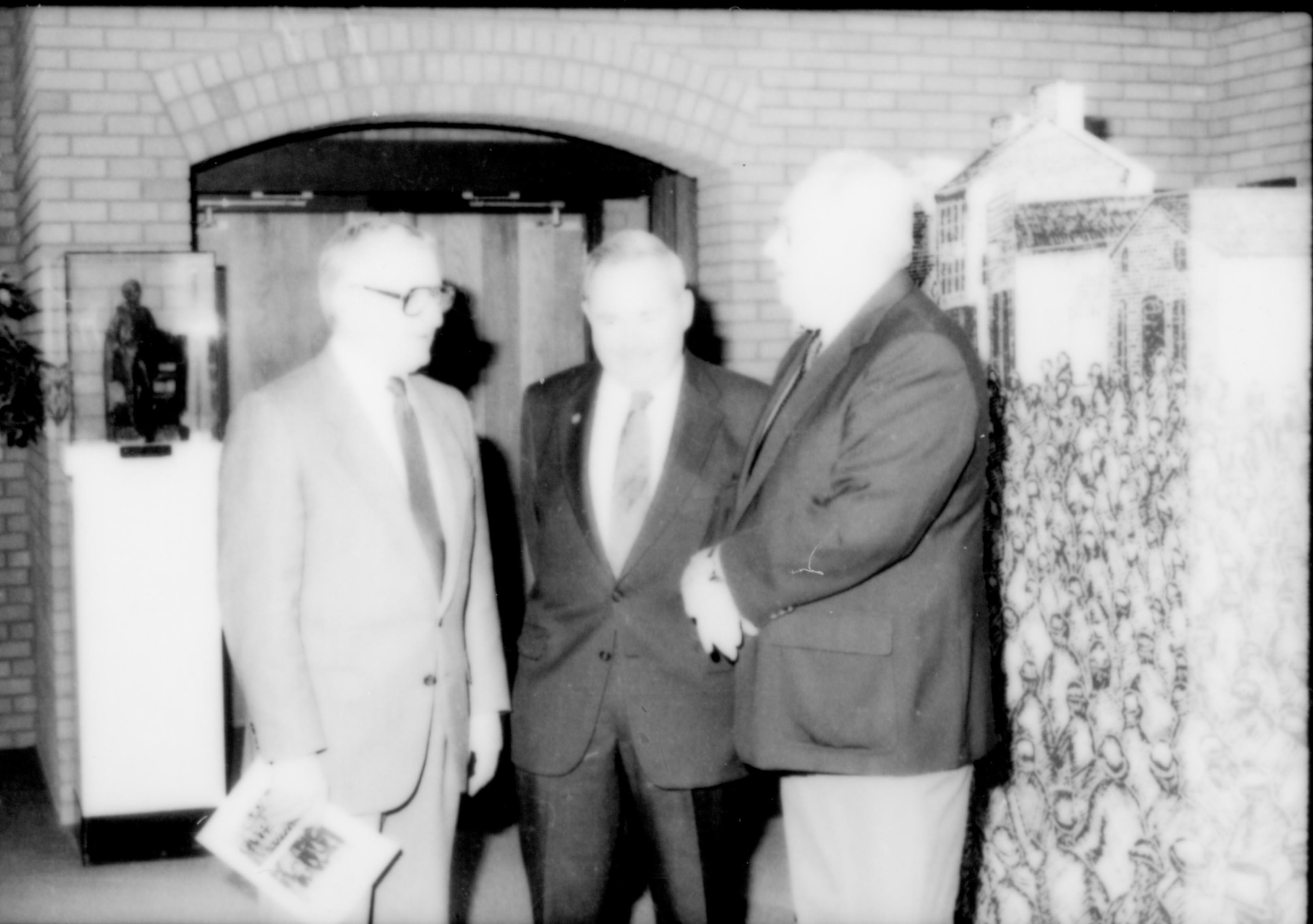 Three men conversing. Lincoln Home NHS- Paul Findley and Michel VIP visit, 121 Finley, Michel, visit, reception