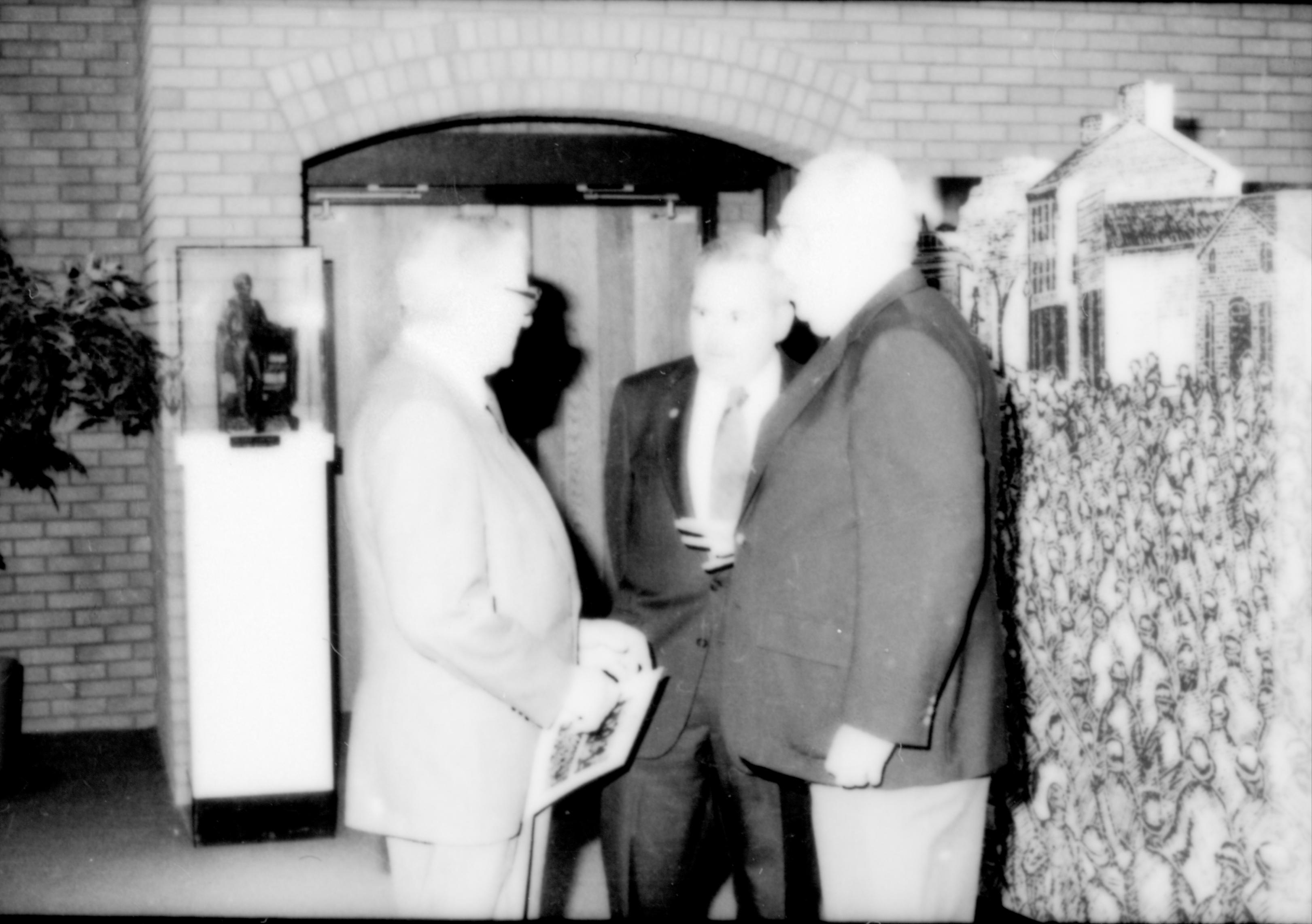 Three men conversing. Lincoln Home NHS- Paul Findley and Michel VIP visit, 121 Finley, Michel, visit, reception