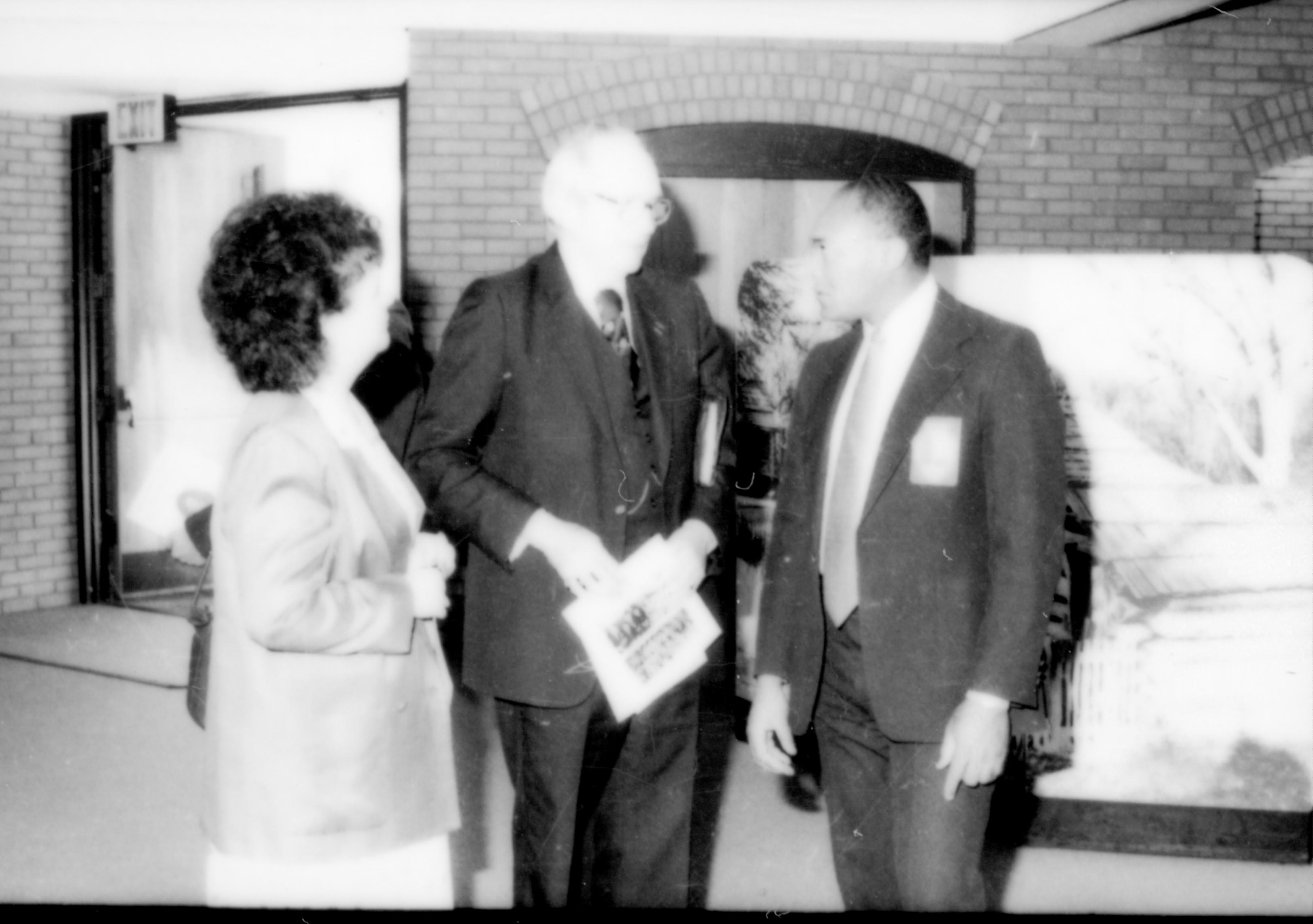 Two men and a lady talking. Lincoln Home NHS- Paul Findley and Michel VIP visit, 121 Finley, Michel, visit, reception