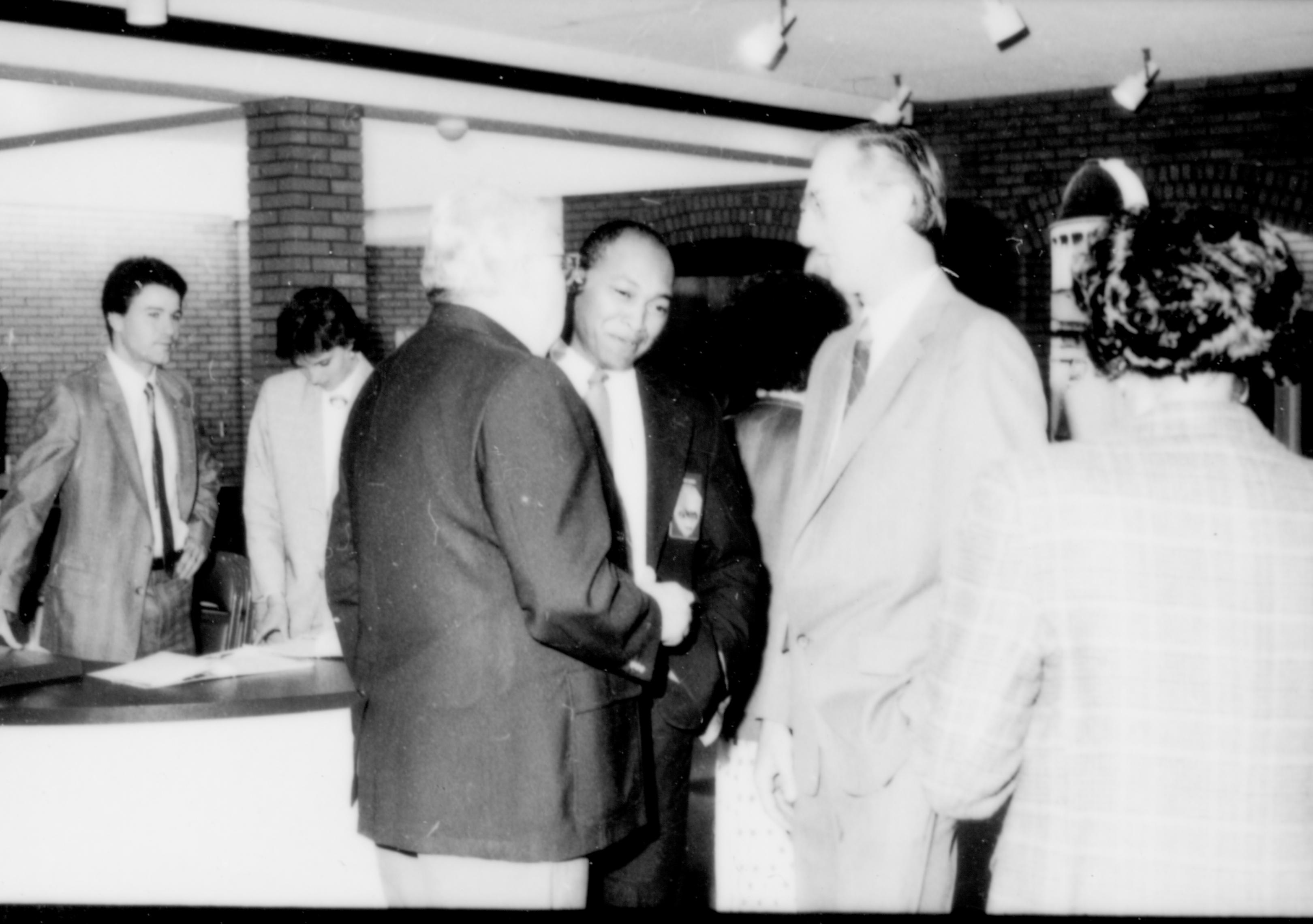 Three men conversing. Lincoln Home NHS- Paul Findley and Michel VIP visit, 121 Finley, Michel, visit, reception