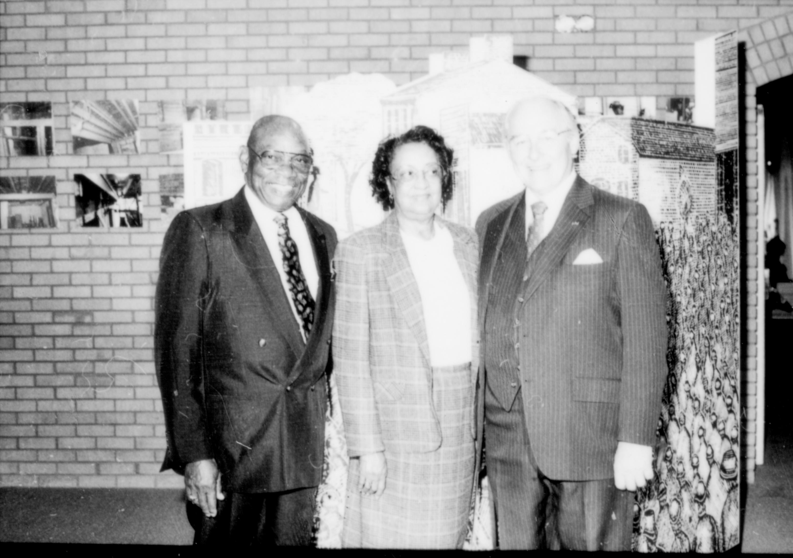 Two men and a lady posing for picture. Lincoln Home NHS- Paul Findley and Michel VIP visit, 121 Finley, Michel, visit, reception