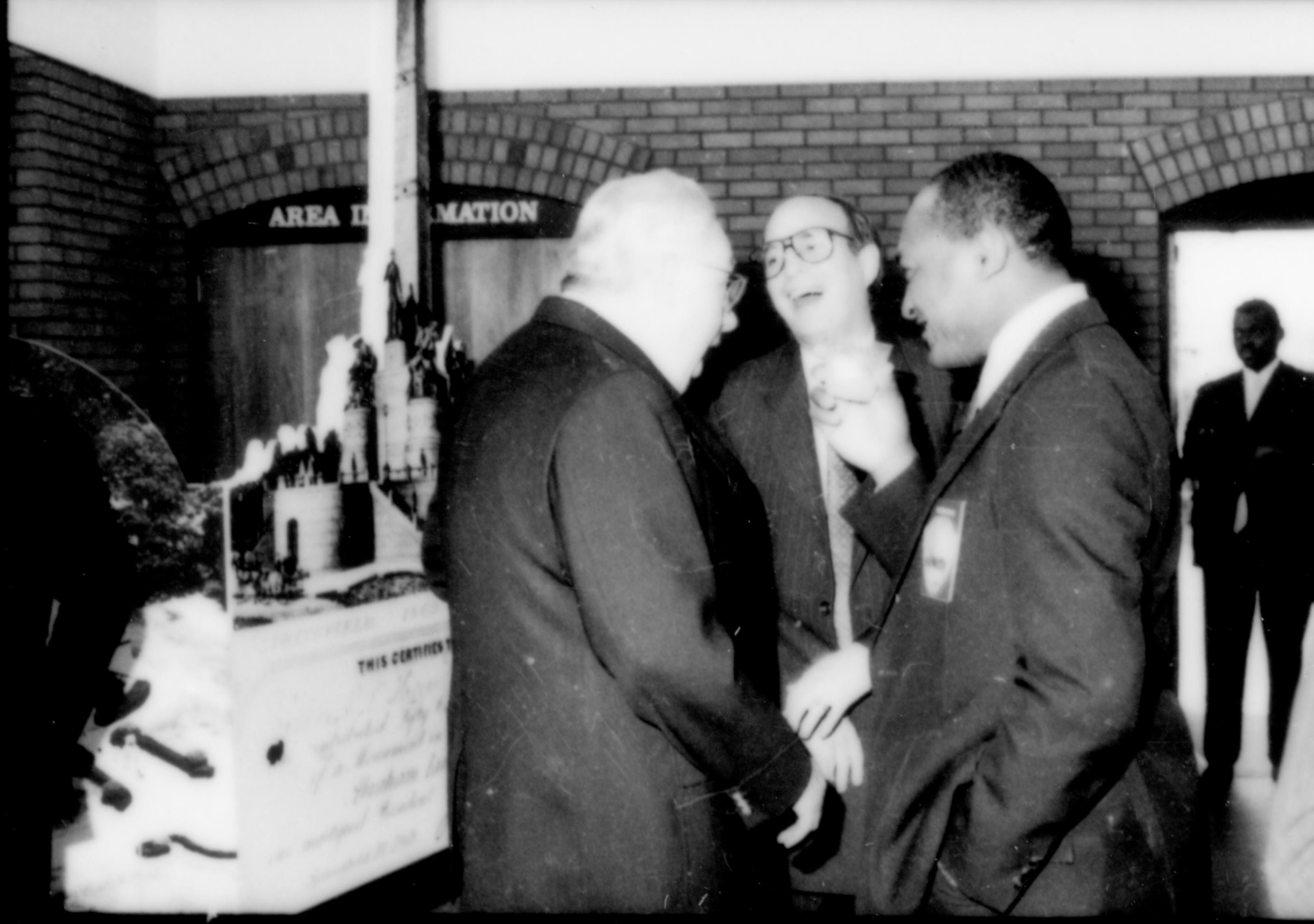 Three men conversing. Lincoln Home NHS- Paul Findley and Michel VIP visit, 122 Finley, Michel, visit, reception