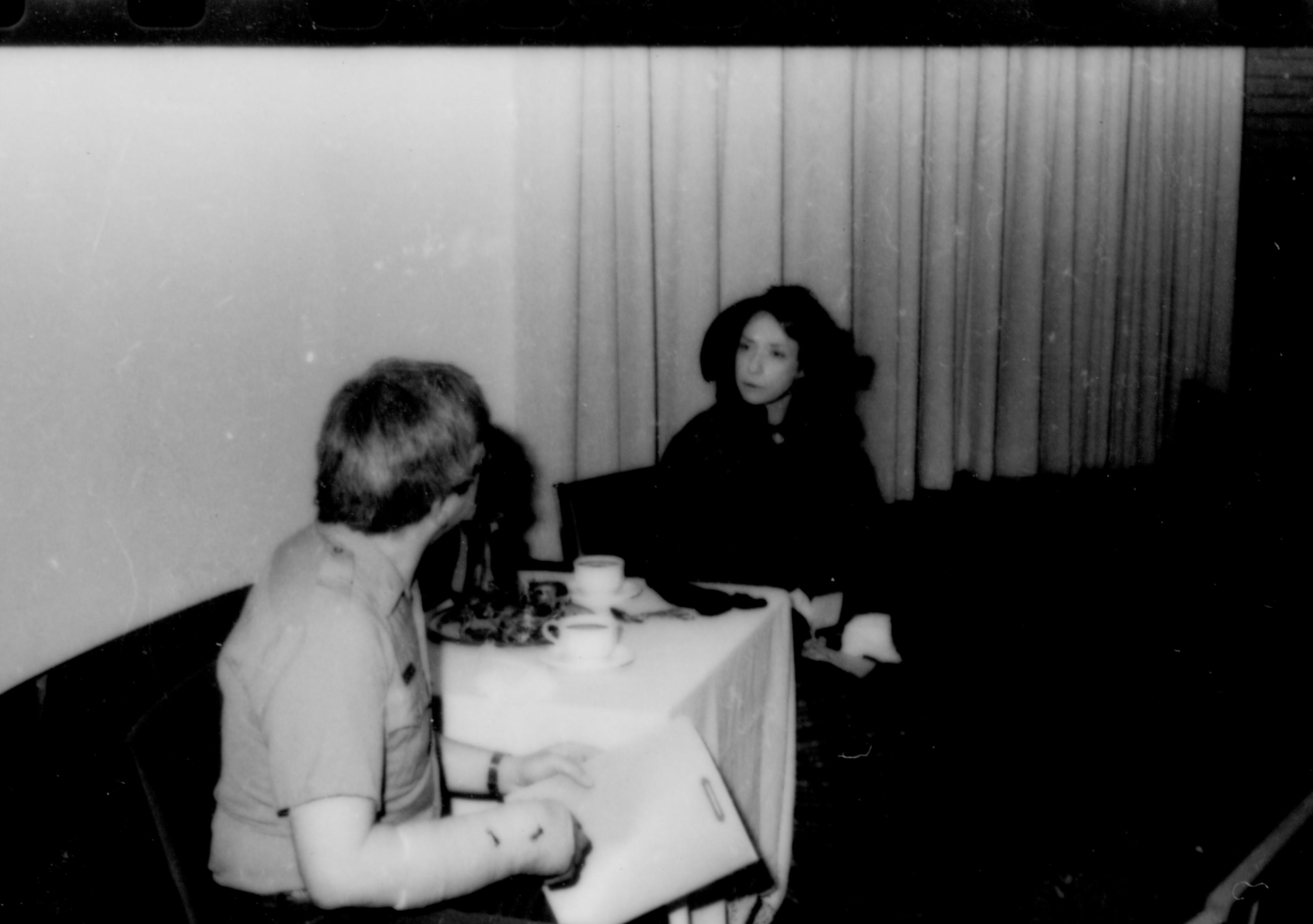 Two people sittting at table in front of screen. Lincoln Home NHS- Paul Findley and Michel VIP visit, 123 Finley, Michel, visit, reception