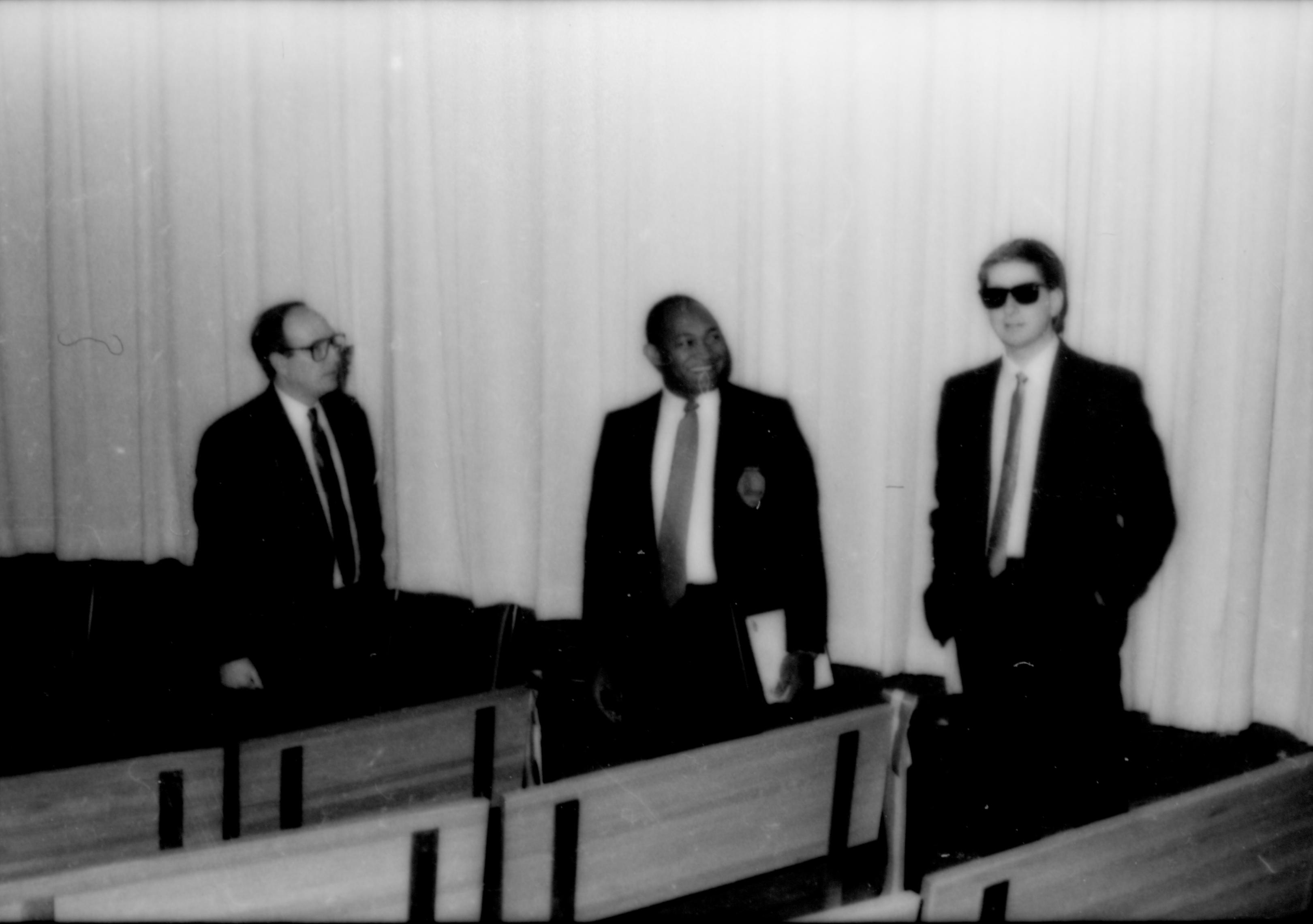 Three men standing in front of curtain. Lincoln Home NHS- Paul Findley and Michel VIP visit, 123 Finley, Michel, visit, reception