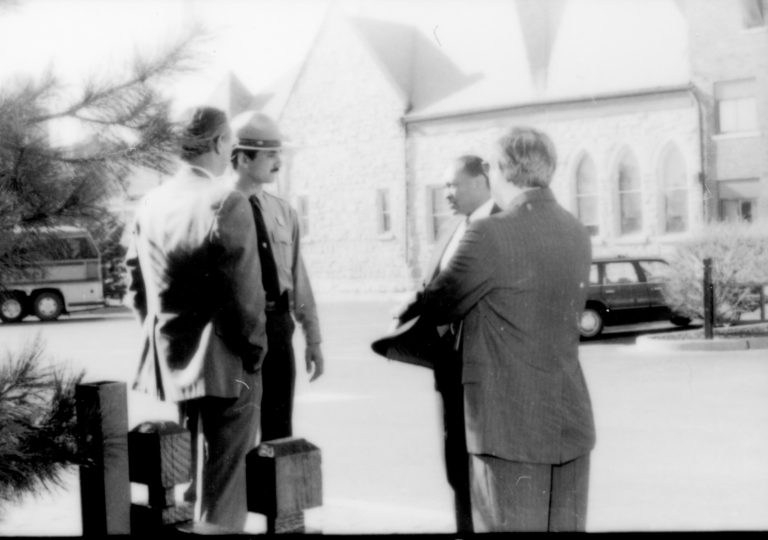 Ranger and three men talking. Lincoln Home NHS- Paul Findley and Michel VIP visit, 123 Finley, Michel, visit