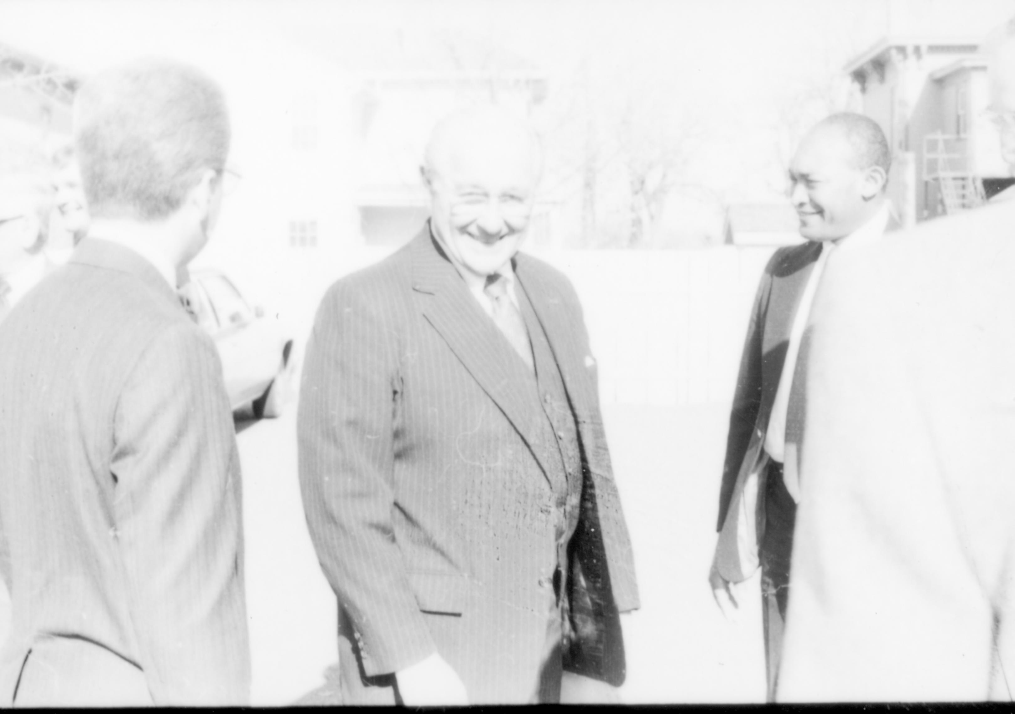 Three men standing in street. Lincoln Home NHS- Paul Findley and Michel VIP visit, 123 Finley, Michel, visit