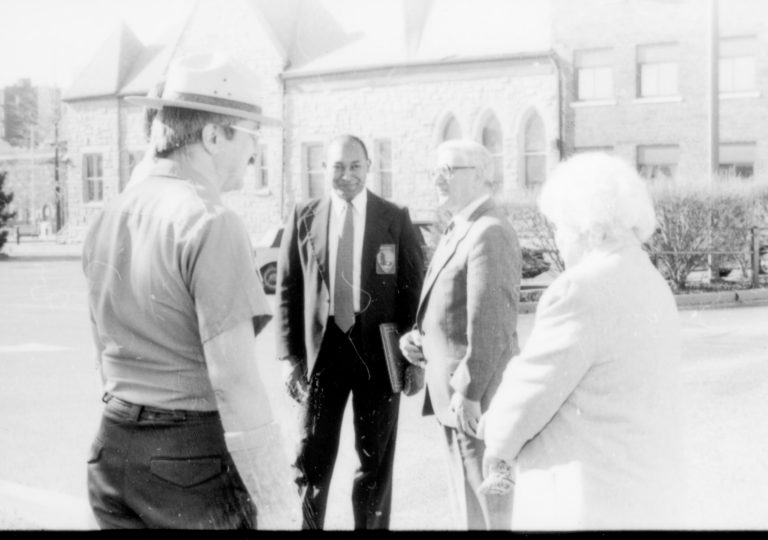 Ranger and three people talking. Lincoln Home NHS- Paul Findley and Michel VIP visit, 123 Finley, Michel, visit