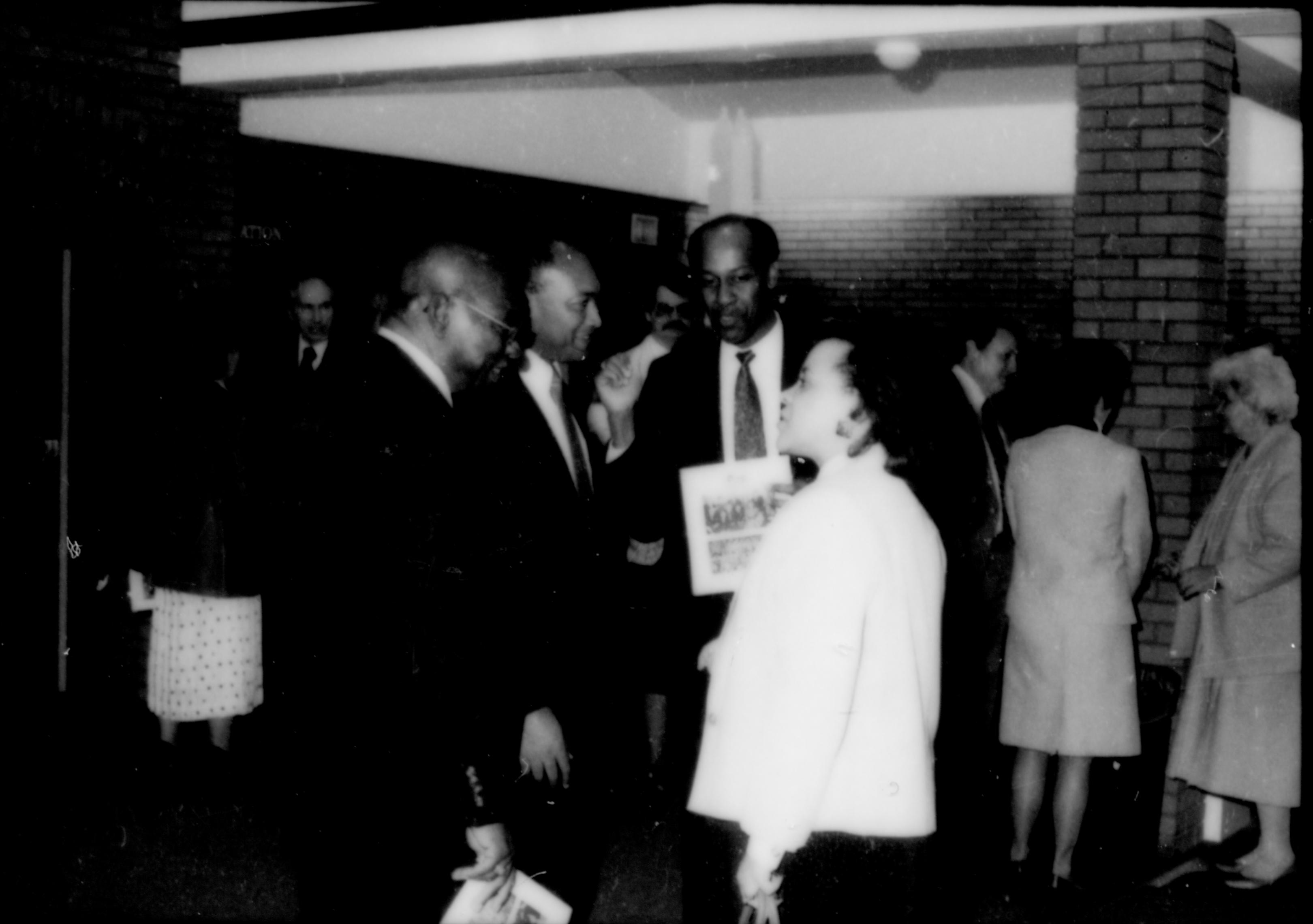 Three men talking to lady in white coat. Lincoln Home NHS- Paul Findley and Michel VIP visit, 125 Finley, Michel, visit