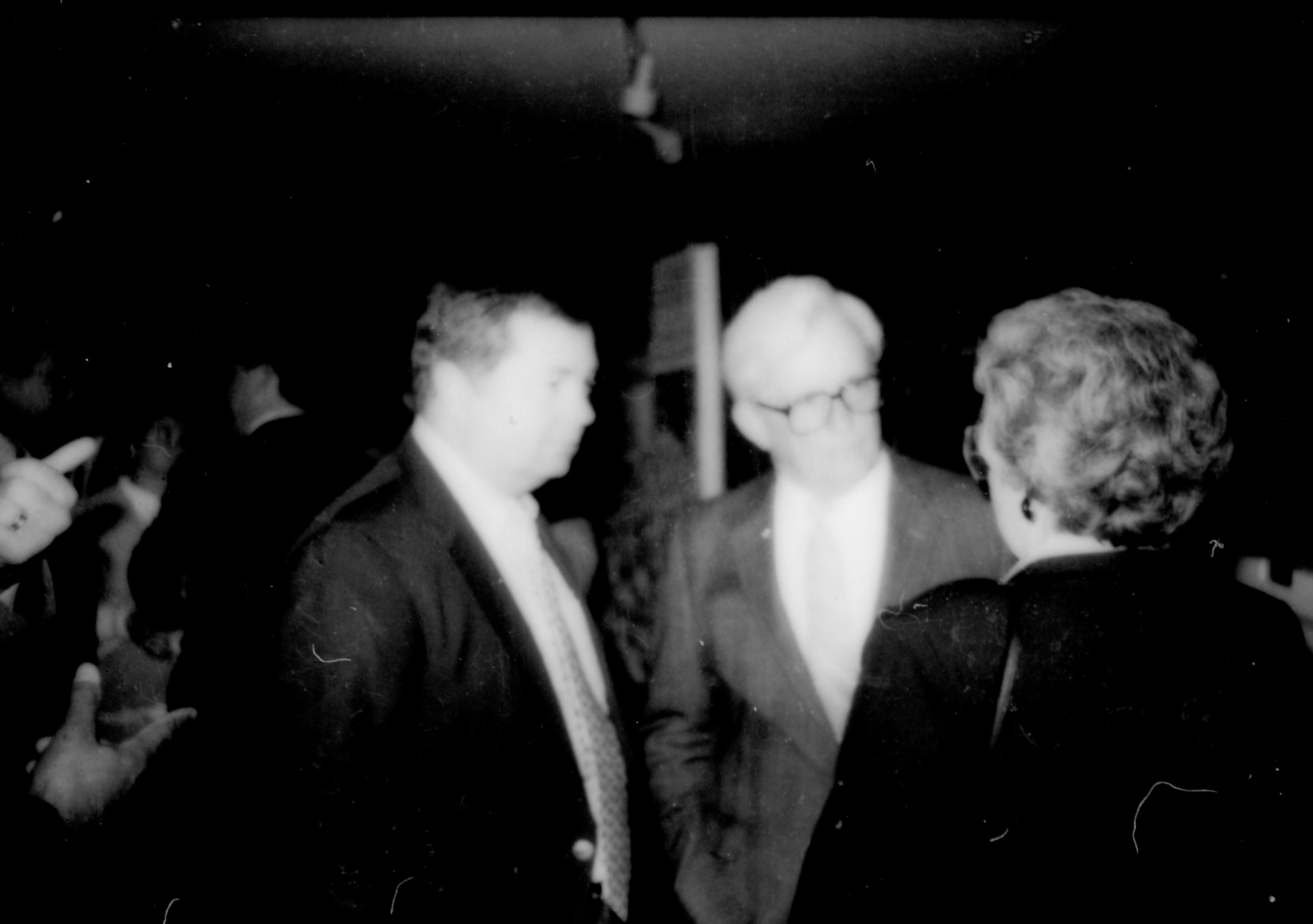 Two men talking to a woman. Lincoln Home NHS- Paul Findley and Michel VIP visit, 129 Finley, Michel, visit, reception