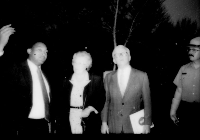 Man talking to lady & man, Ranger nearby. Lincoln Home NHS- Paul Findley and Michel VIP visit, 129 Finley, Michel, visit, tour