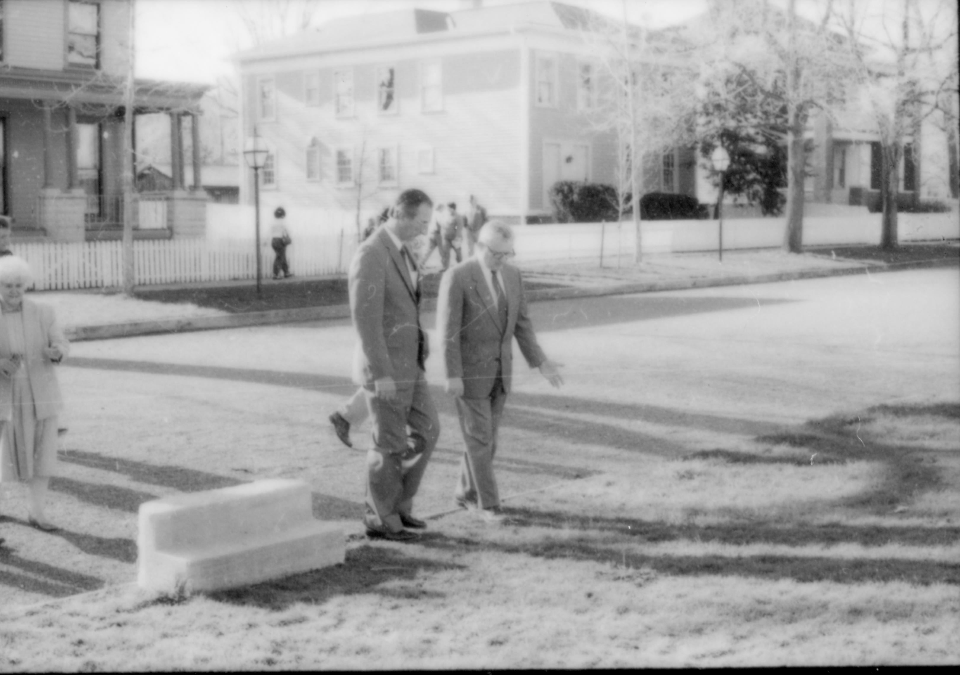 Two men standing on curb. Lincoln Home NHS- Paul Findley and Michel VIP visit, 116 Finley, Michel, tour, visit