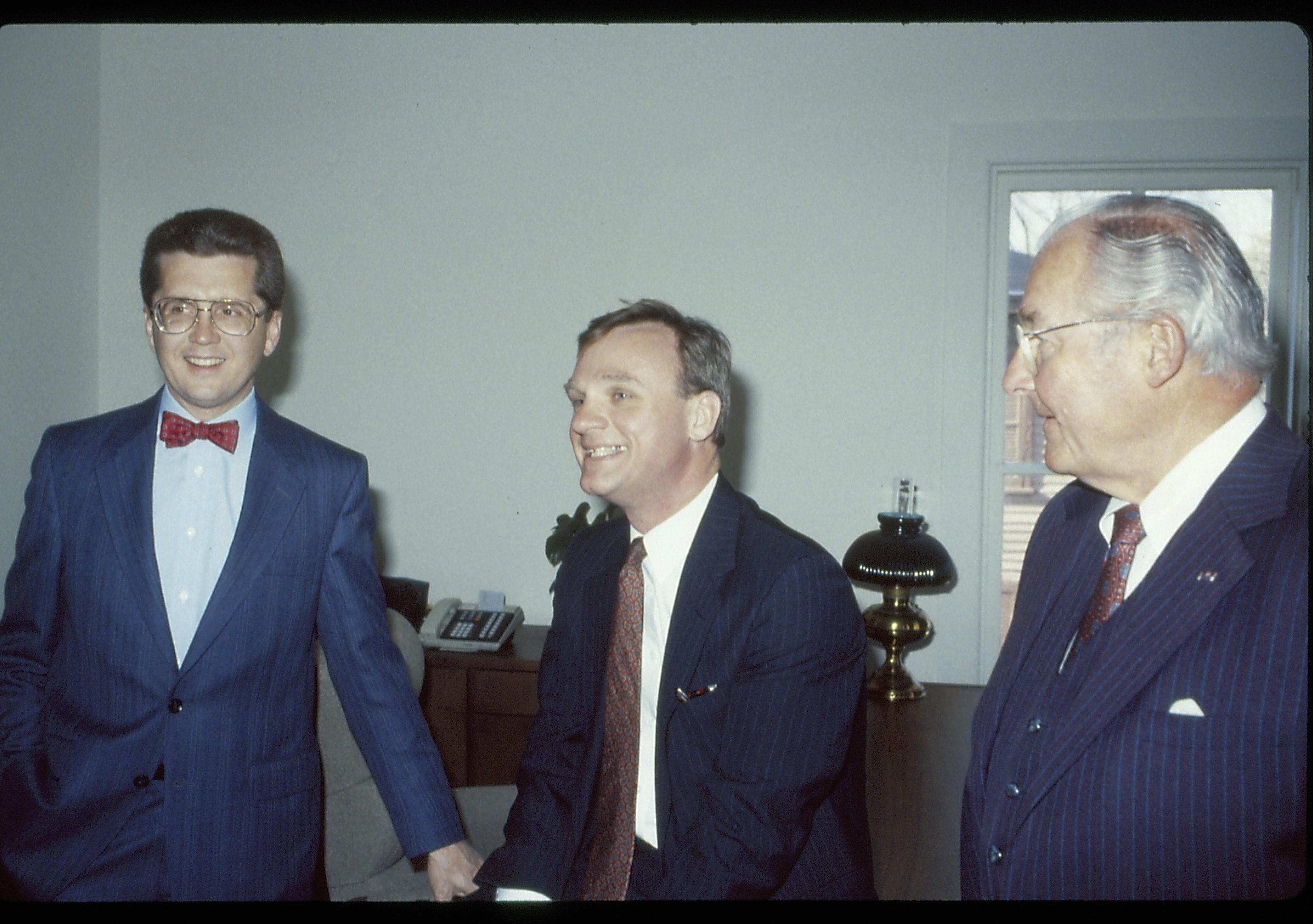 Three men posing for picture. Lincoln Home NHS- VIP Findley and Michel Visit award, visit