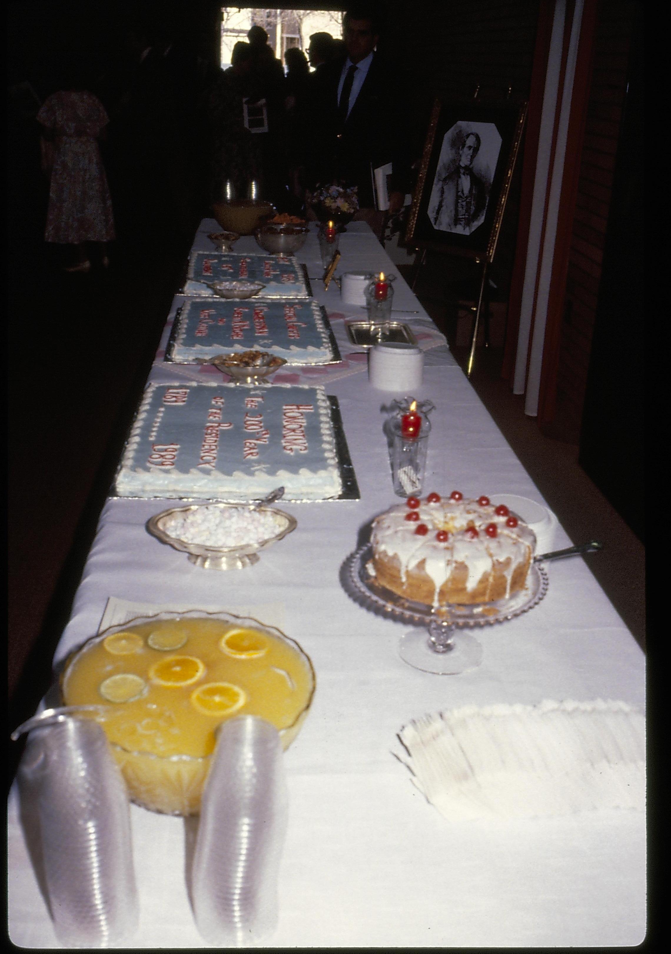 Table with cakes on it. Lincoln Home NHS- VIP Findley and Michel Visit award, visit, reception