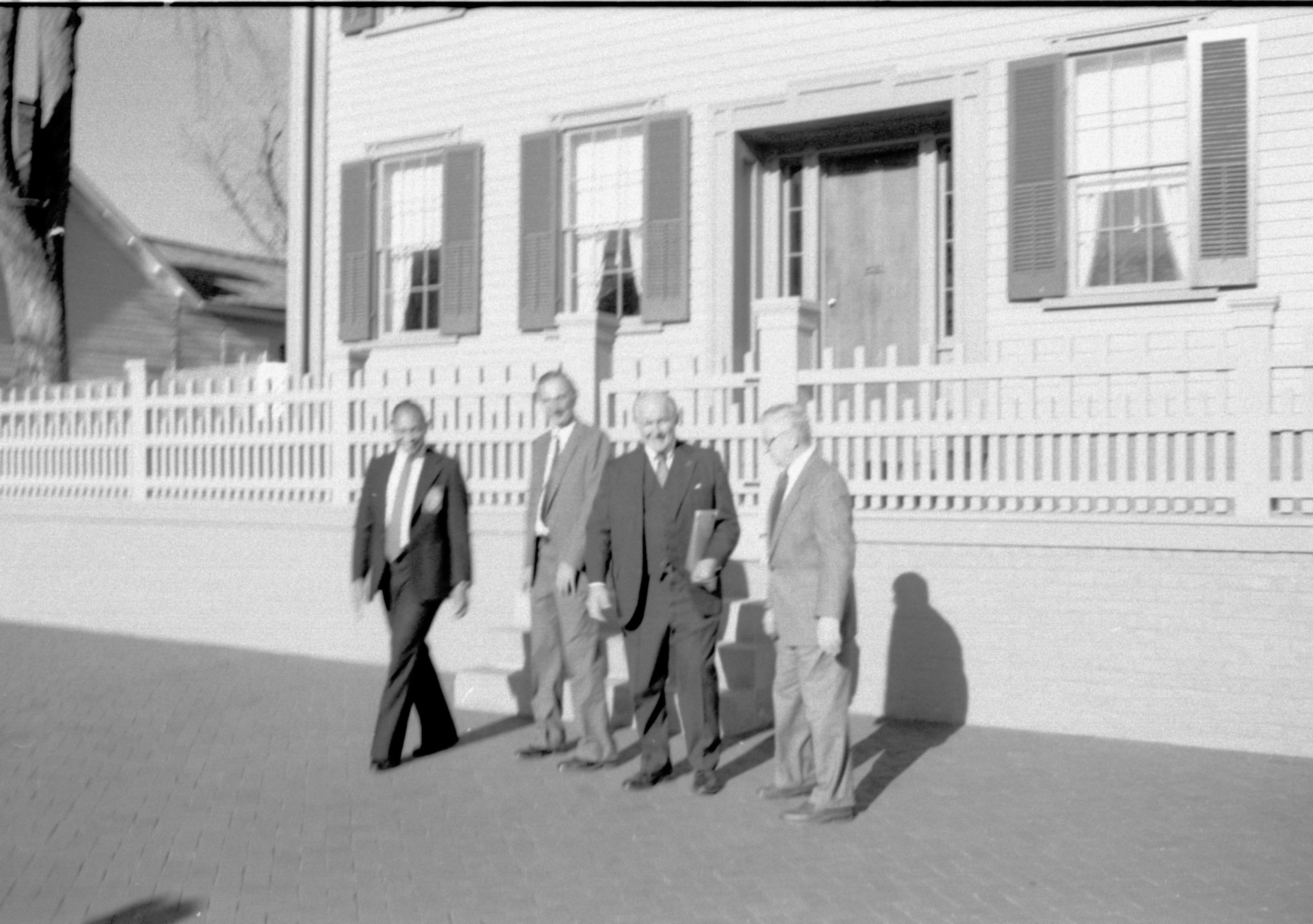 Four men standing in front of Home. Lincoln Home NHS- VIP Findley and Michel Visit, 66A award, visit, tour