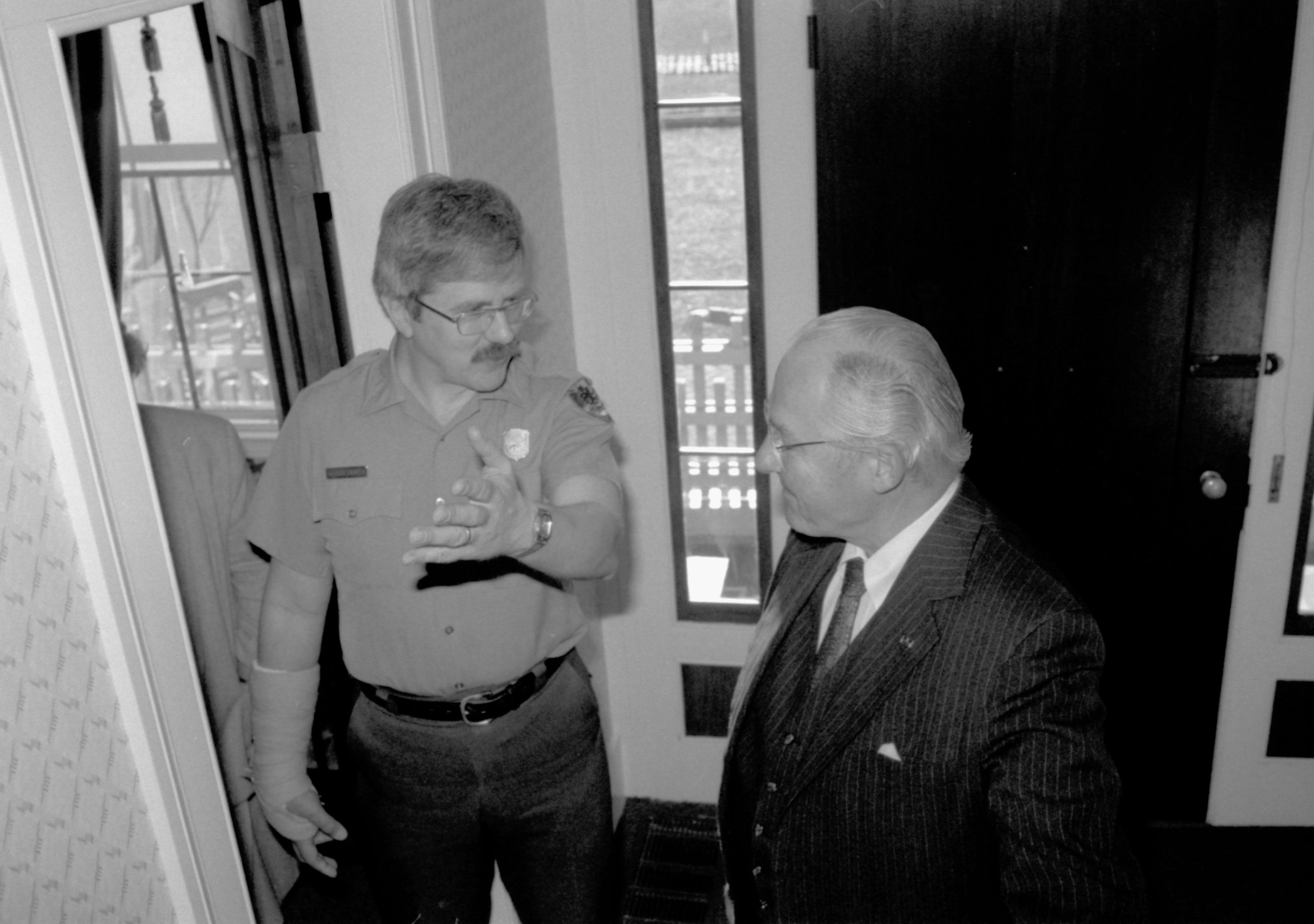 Ranger and man standing at front door of Home. Lincoln Home NHS- VIP Findley and Michel Visit, 65A award, visit, tour