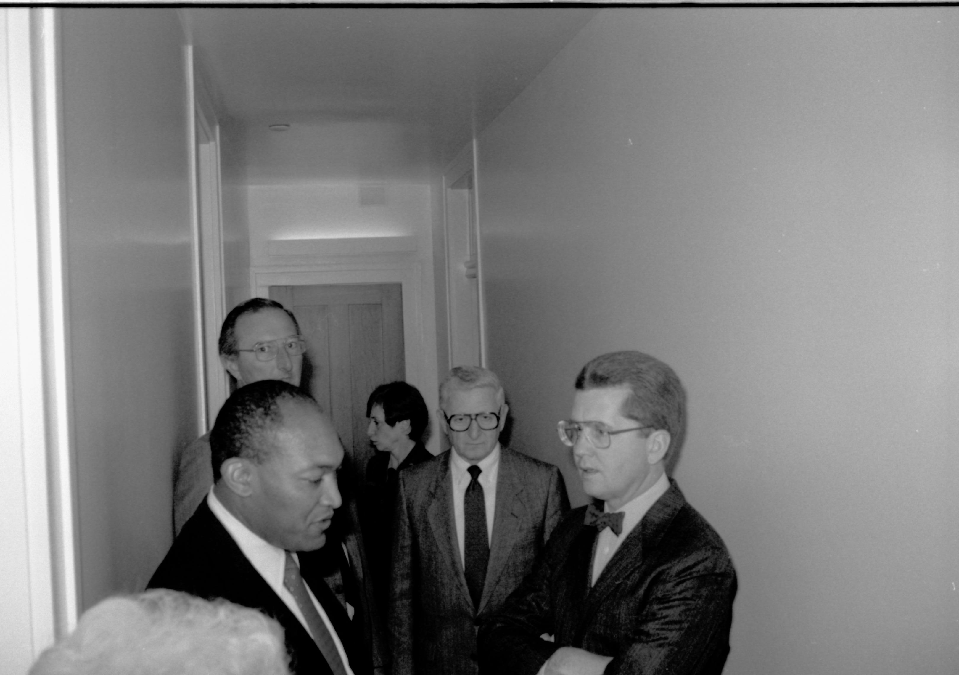 Four men and a lady in hallway. Lincoln Home NHS- VIP Findley and Michel Visit, 65A award, visit, tour