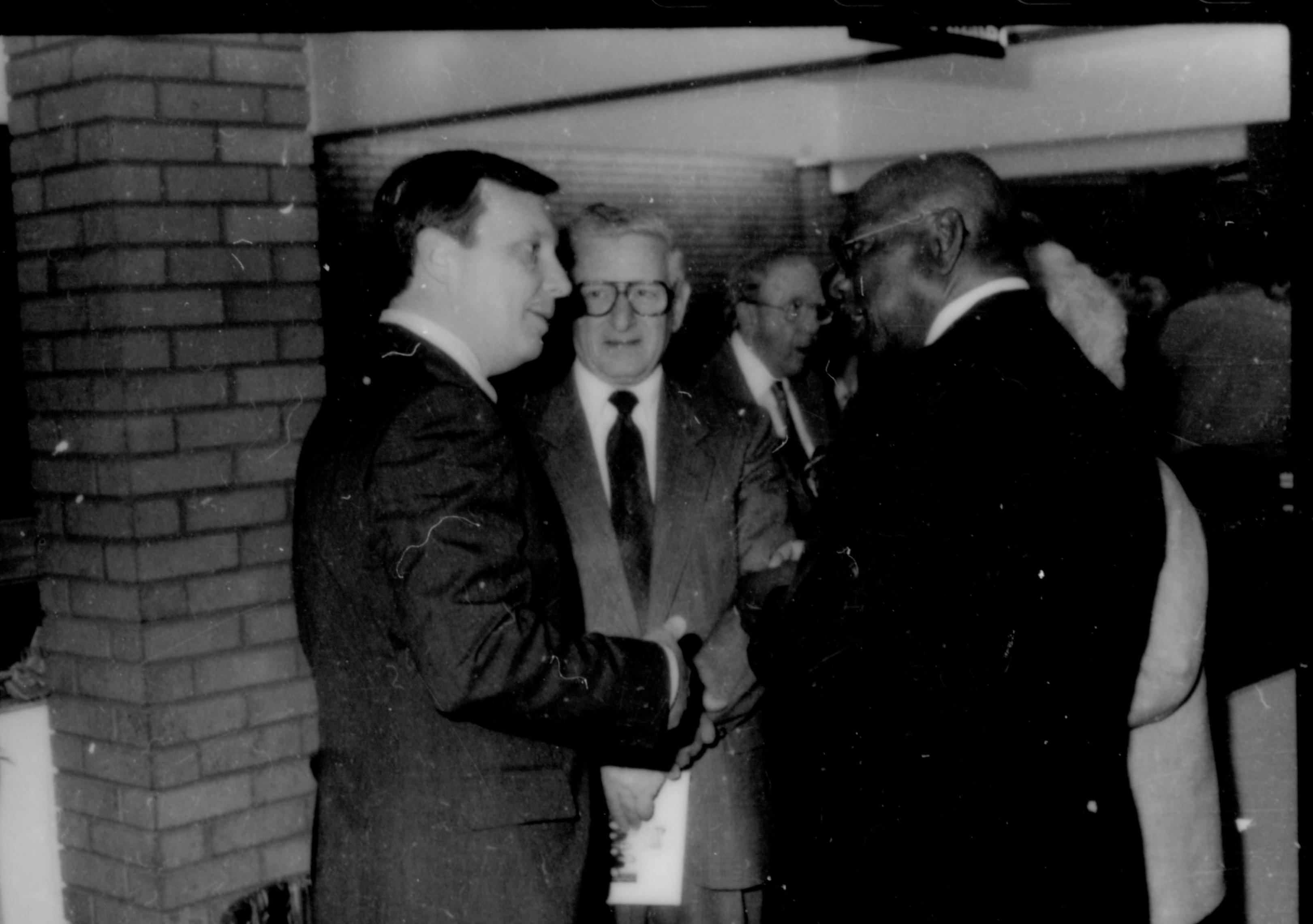 Three men conversing. Lincoln Home NHS- Paul Findley and Michel VIP visit, 119 Finley, Michel, visit, tour