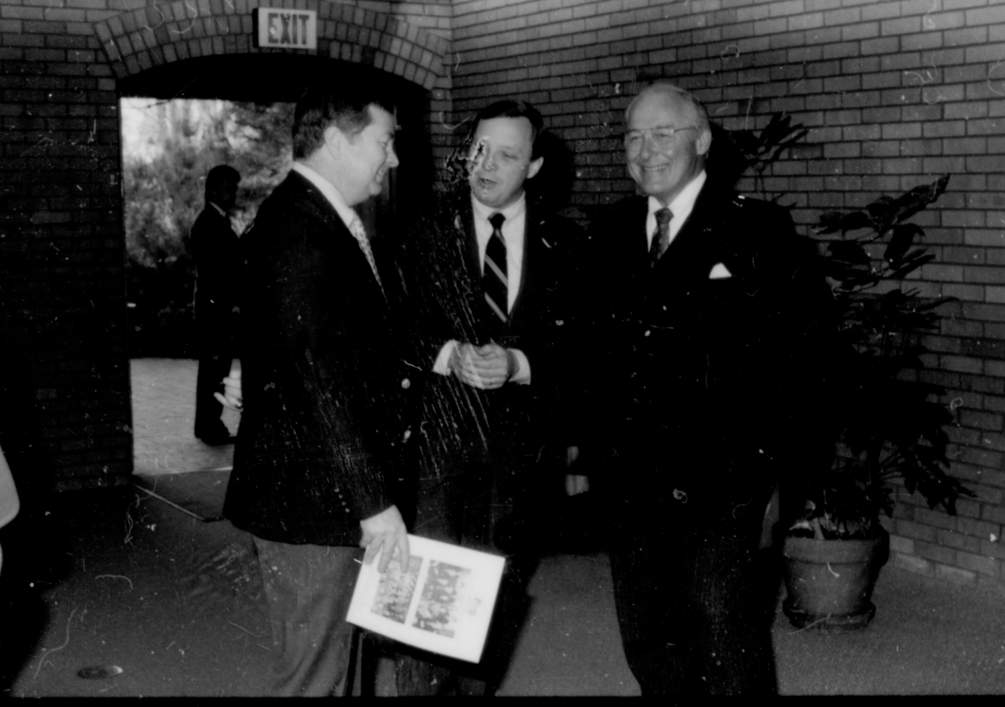 Three men conversing. Lincoln Home NHS- Paul Findley and Michel VIP visit, 119 Finley, Michel, visit, reception