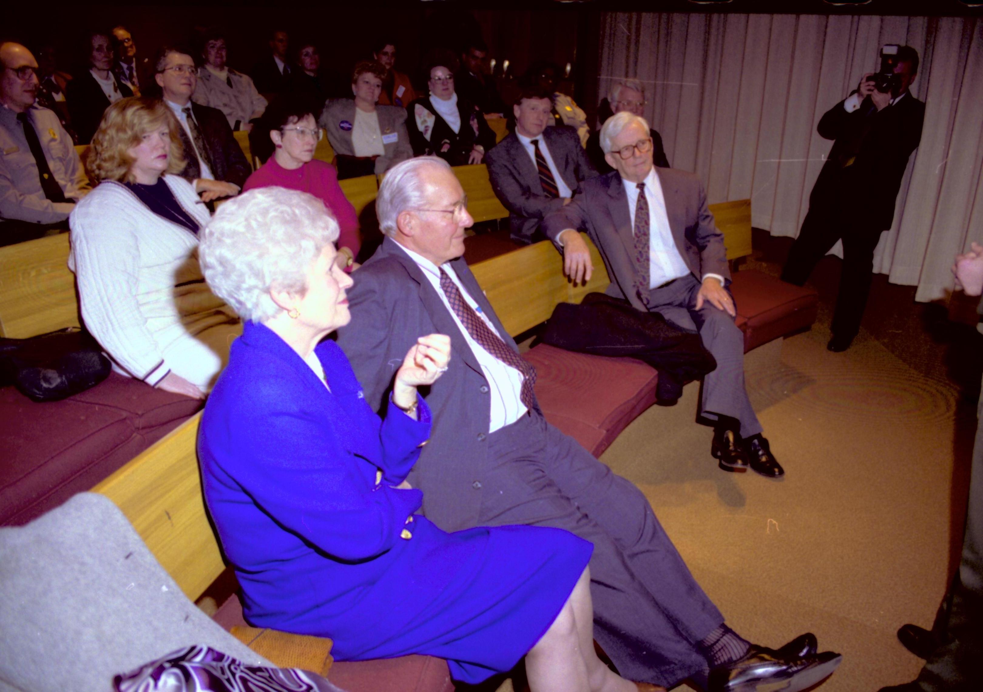 People sitting on benches in theater listening to speaker. Lincoln Home NHS- VIP Findley and Michel Visit to Lincoln Home visit, program