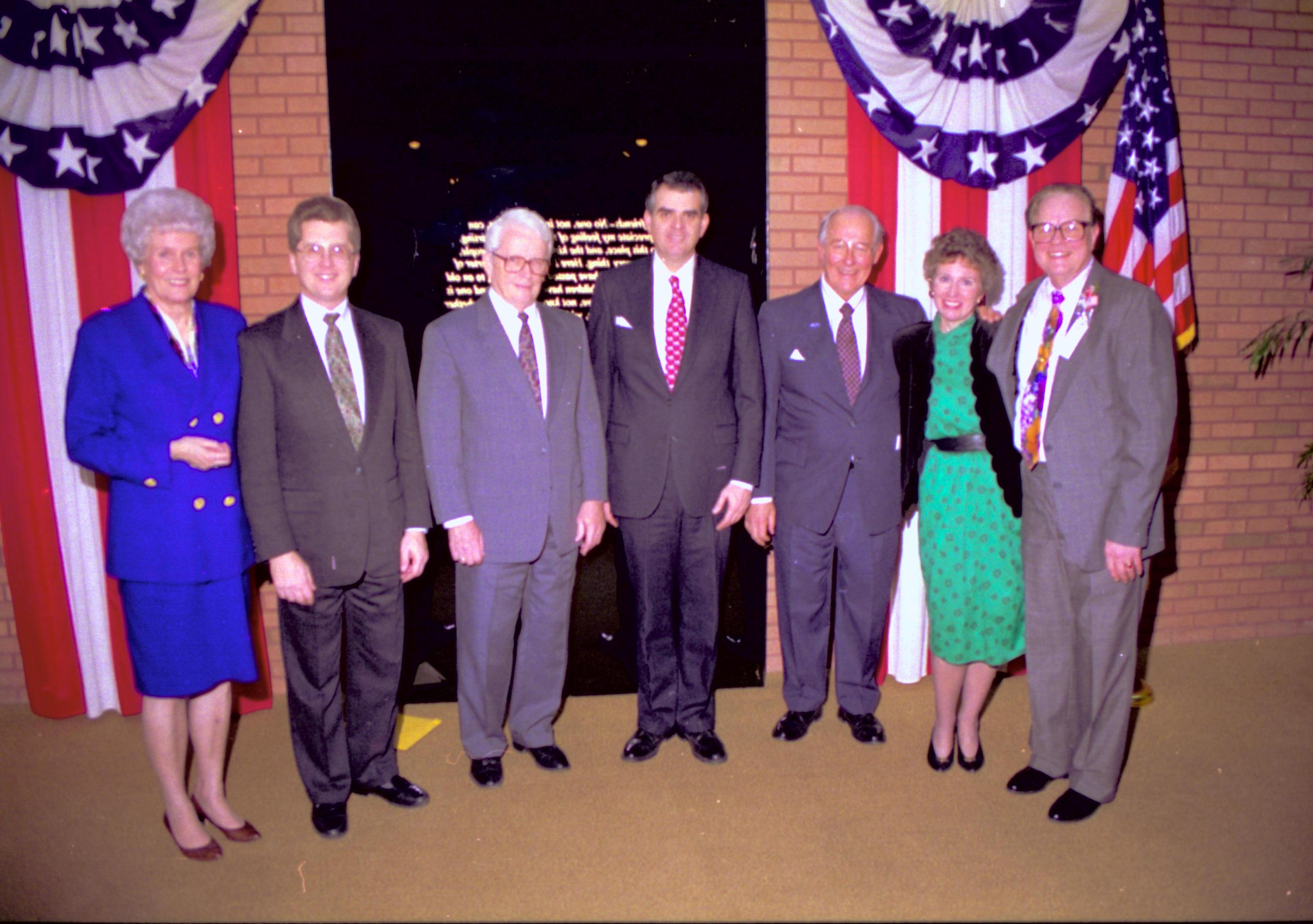 Group standing in front of Farewell Address panel in VC. Lincoln Home NHS- VIP Findley and Michel Visit to Lincoln Home visit, program