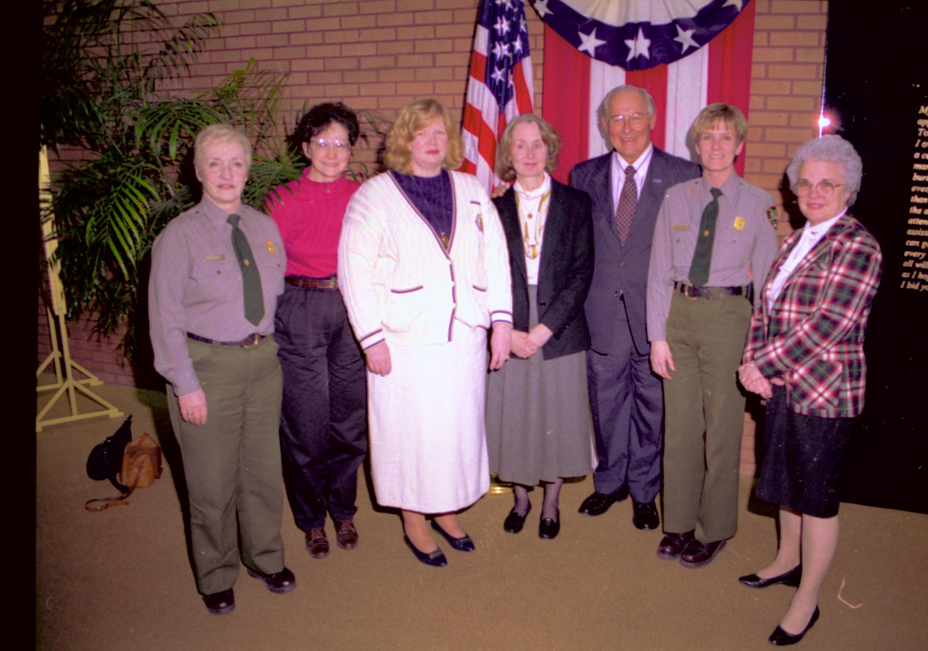 Group posing in front of American flag & bunting. Lincoln Home NHS- VIP Findley and Michel Visit to Lincoln Home visit, program