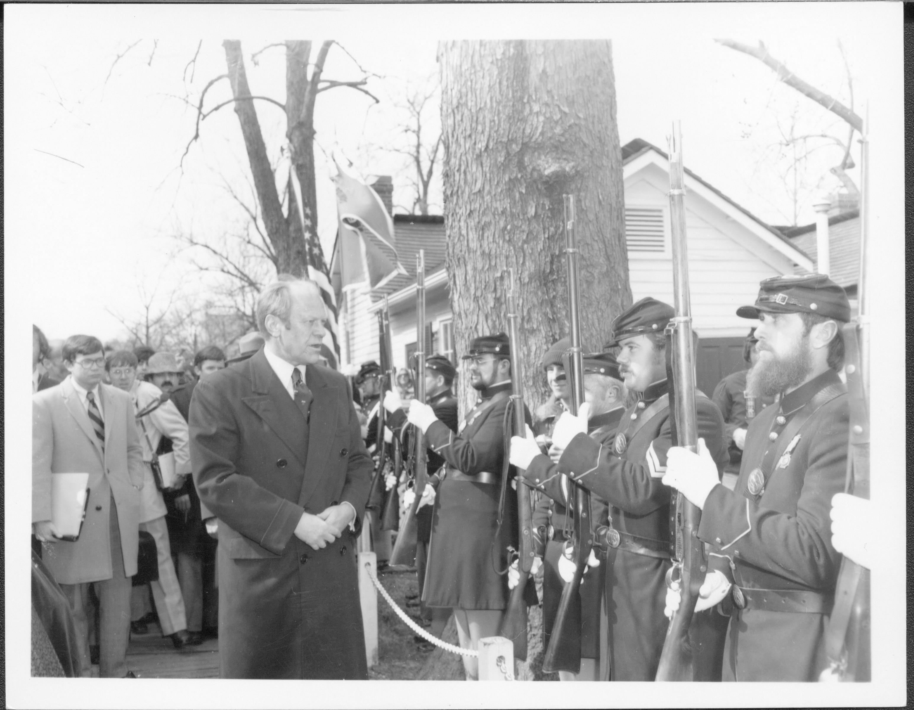 President Ford reviewing the 144th Regiment Lincoln Home NHS- President Ford and V.C. Corner Stone, neg #29 class 1000, class 8 pic 29, 139 President, Ford, visit