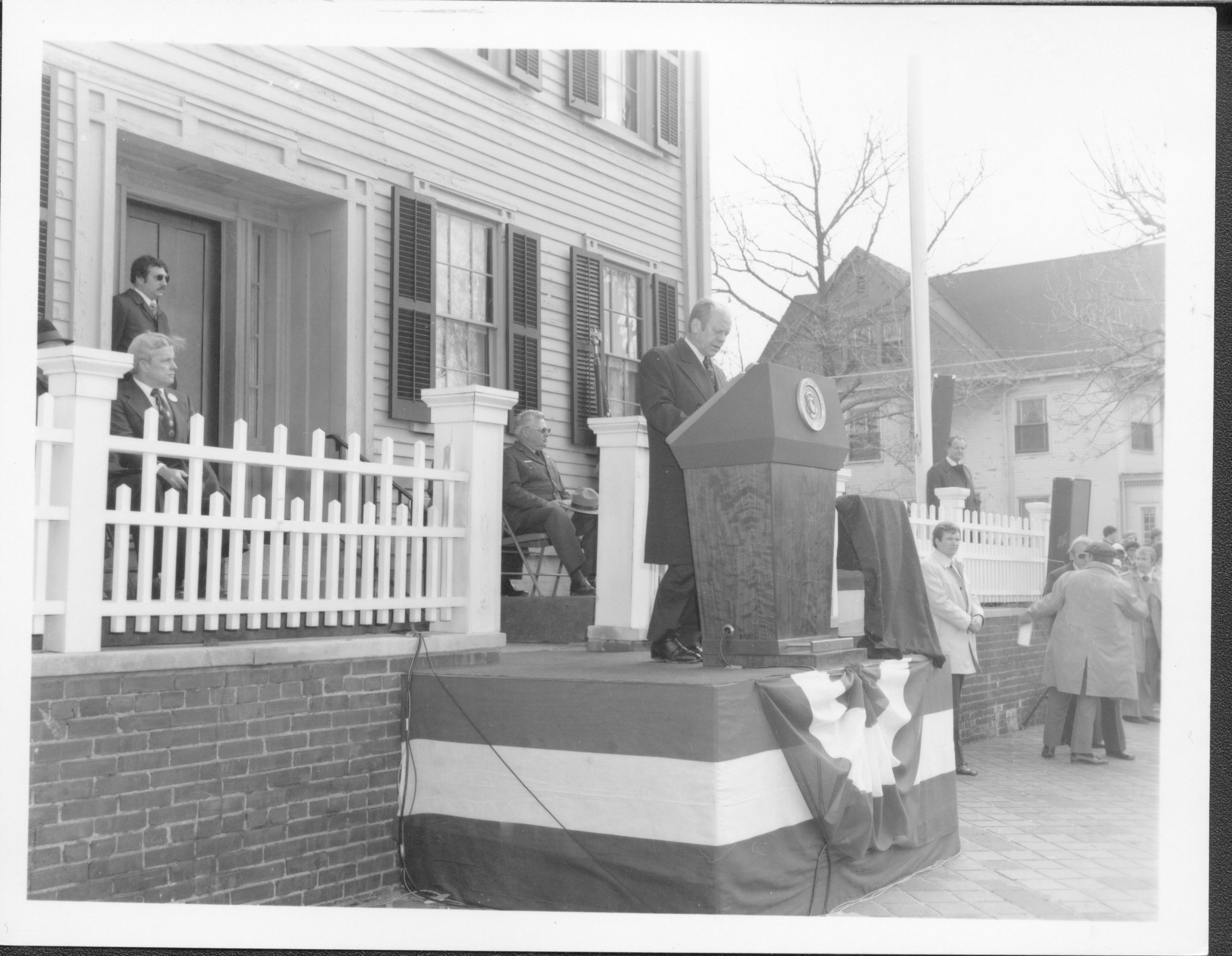 President Ford Lincoln Home NHS- President Ford and V.C. Corner Stone, neg #14 class 1000, class 8 pic 14, 124 President, Ford, visit