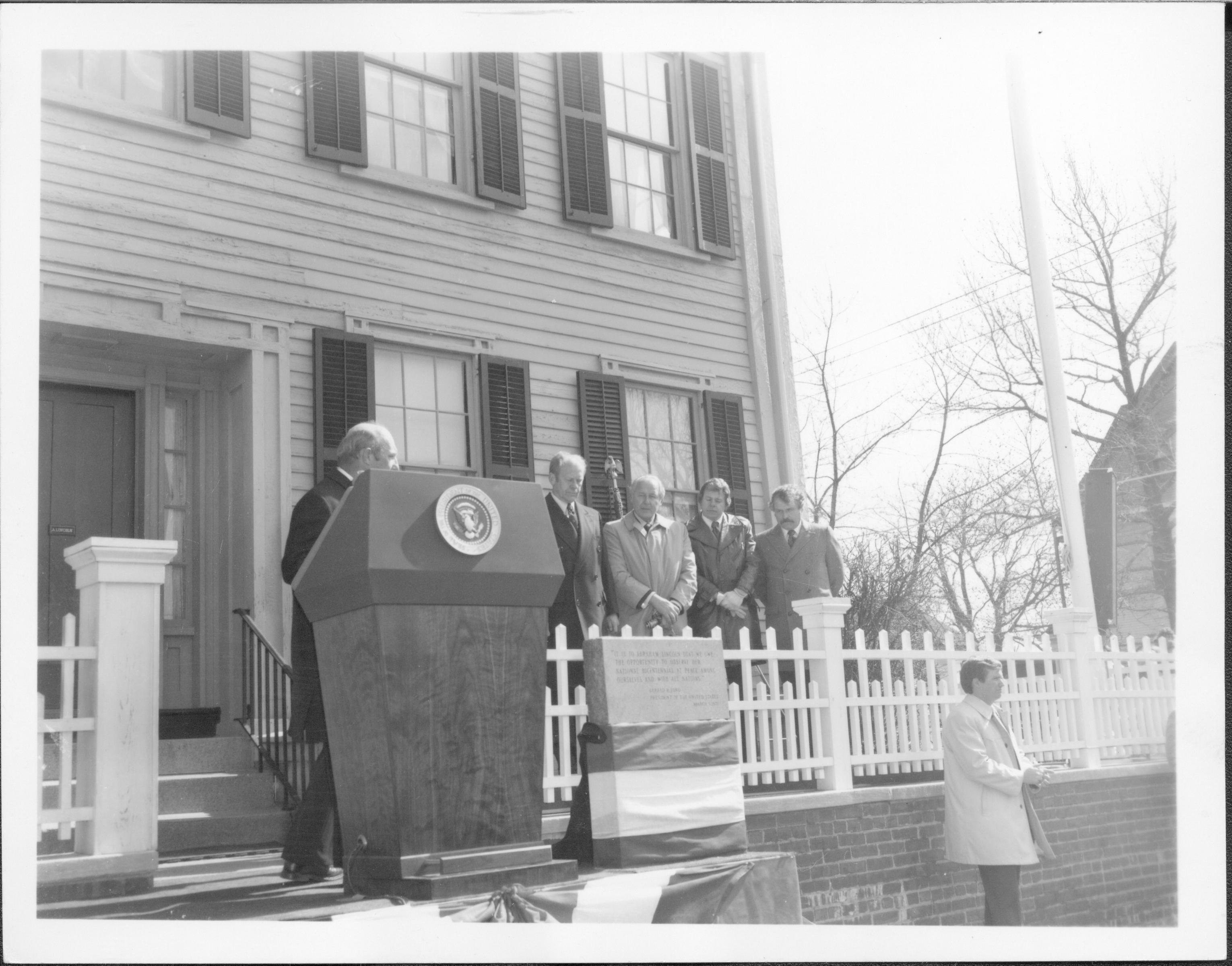 President Ford Lincoln Home NHS- President Ford and V.C. Corner Stone, neg #19 class 1000, class 8 pic 19, 129 President, Ford, visit, dedication