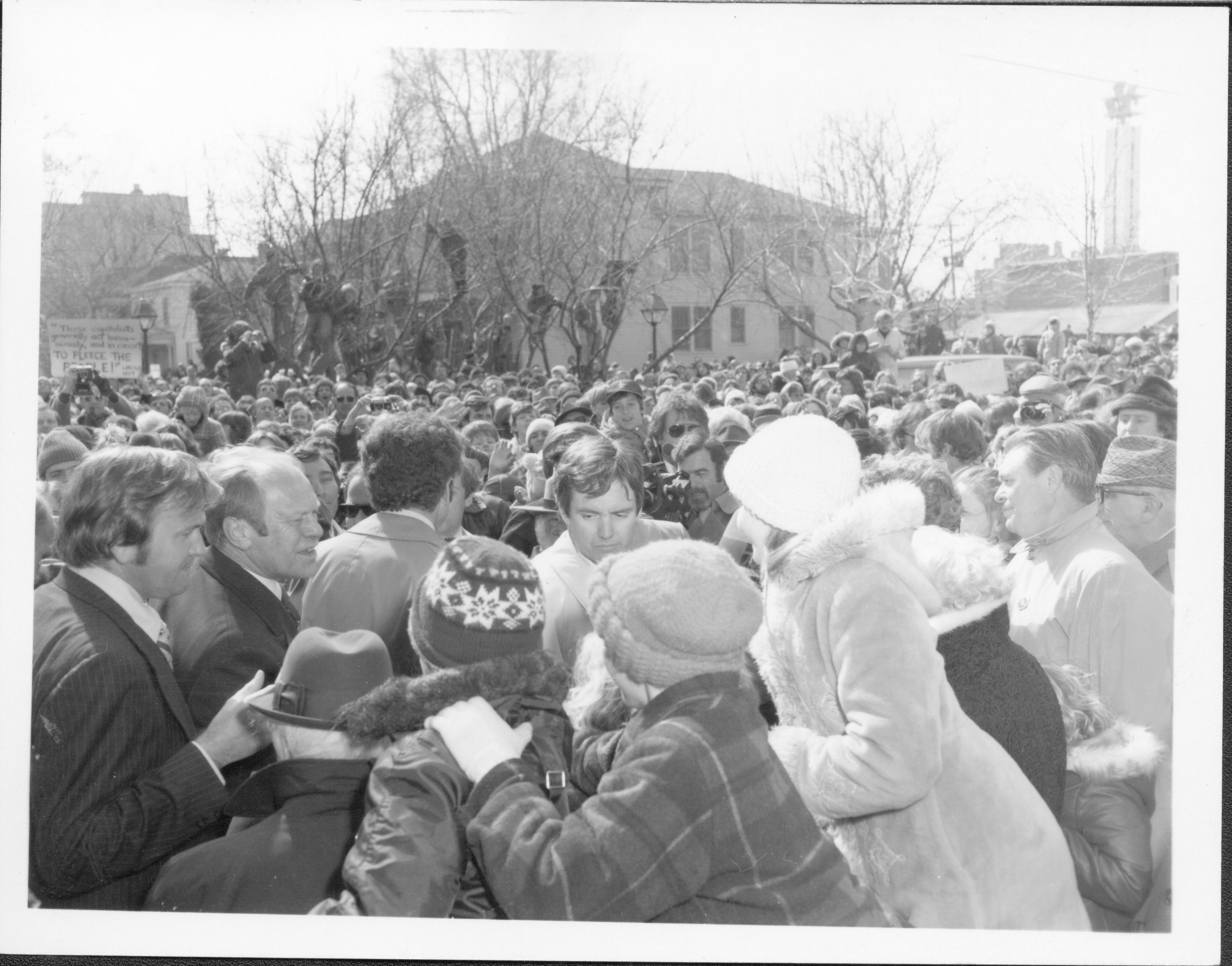 President Ford in crowd Lincoln Home NHS- President Ford and V.C. Corner Stone, neg #25 class 1000, class 8 pic 25, 135 President, Ford, visit, dedication