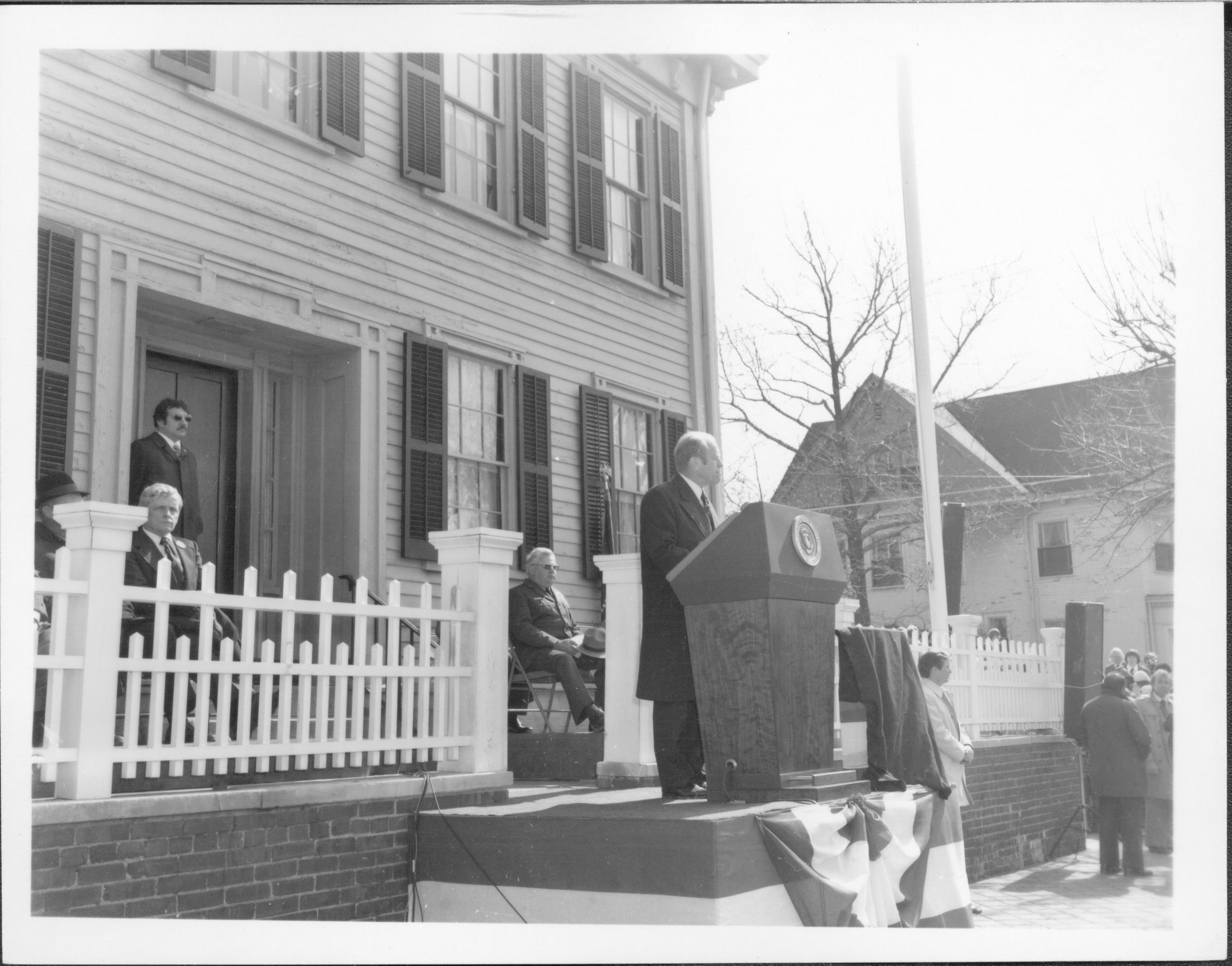 President Ford Lincoln Home NHS- President Ford and V.C. Corner Stone, neg #15 class 1000, class 8 pic 15 President, Ford, visit, dedication