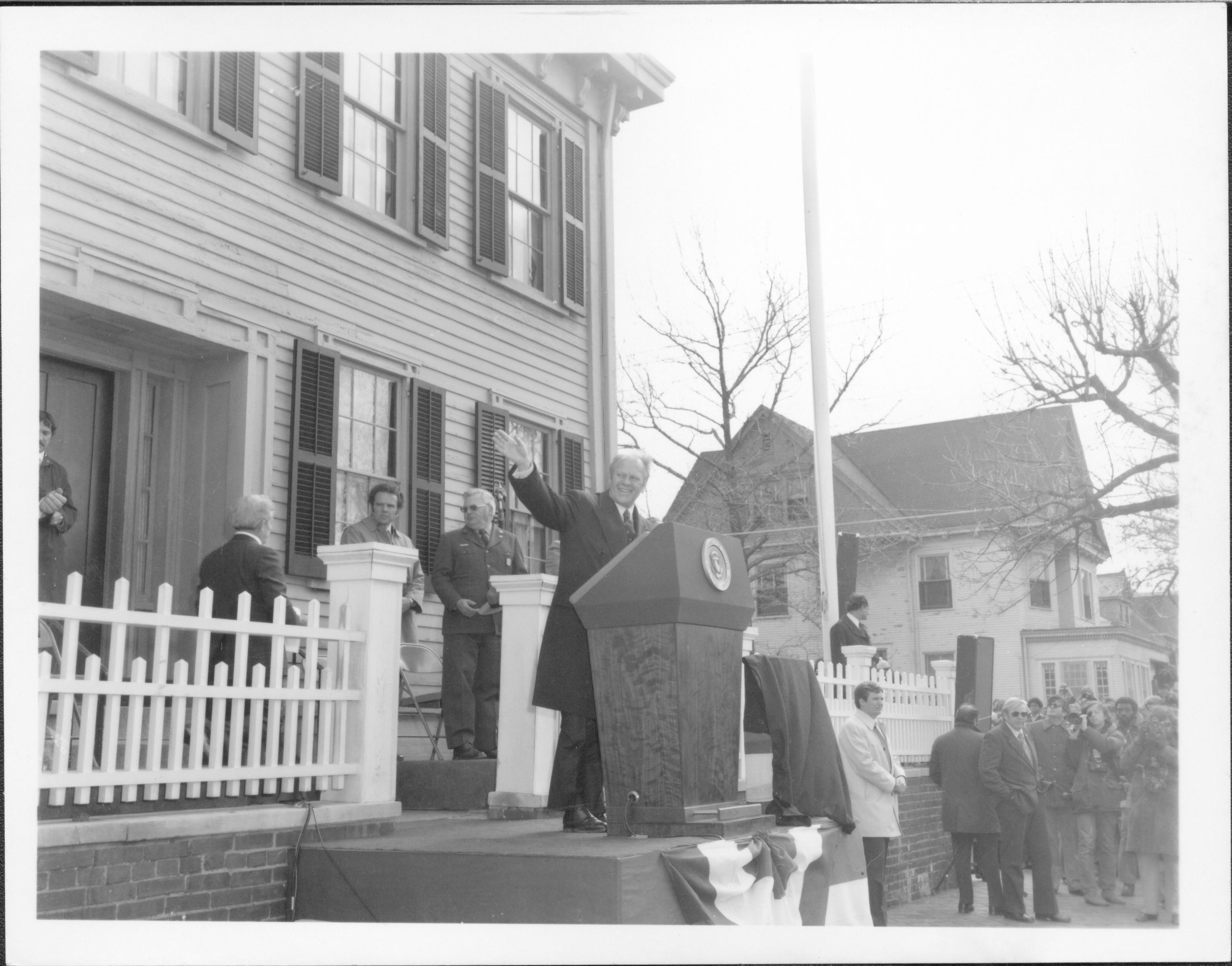 President Ford Lincoln Home NHS- President Ford and V.C. Corner Stone, neg #3 class 1000, class 8 pic 3, 112 President, Ford, visit, dedication