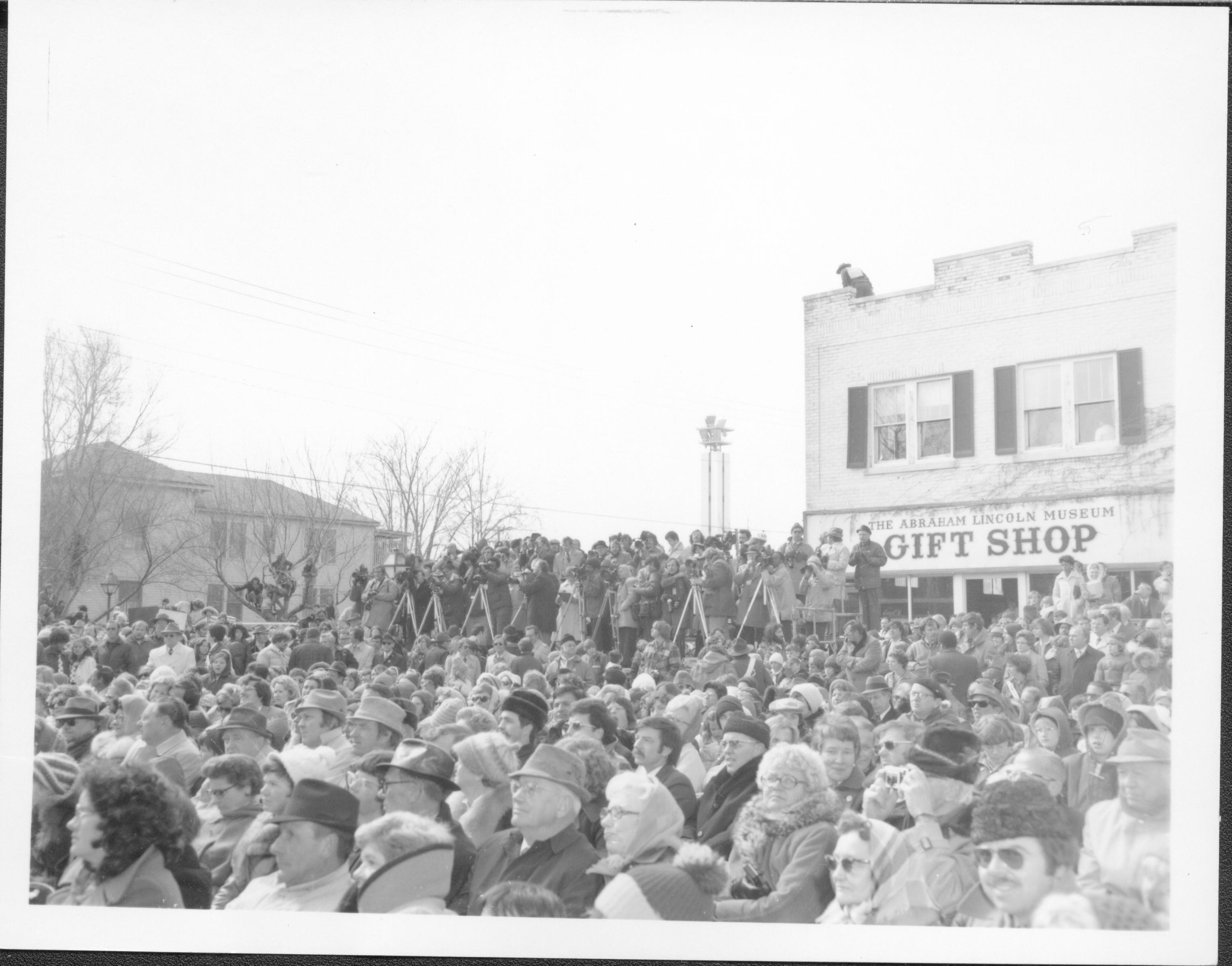 Crowd in front of Lincoln Home for President Ford Lincoln Home NHS- President Ford and V.C. Corner Stone, neg #5 class 1000, class 8 pic 5 President, Ford, visit, dedication