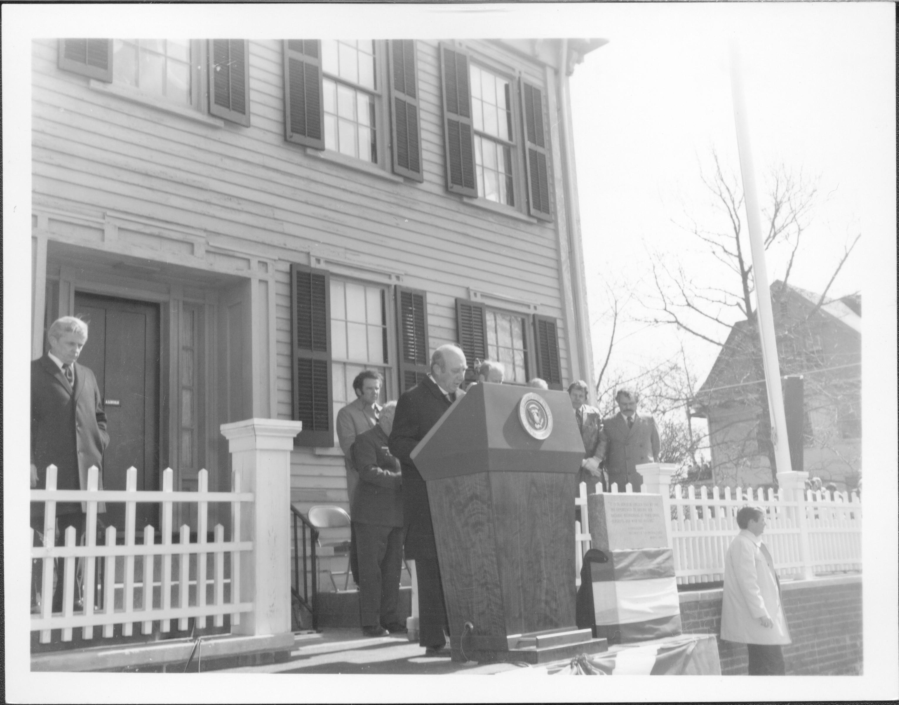 Monsigner of Blessed Sacrament Church Lincoln Home NHS- President Ford and V.C. Corner Stone, neg #18 class 1000, class 8 pic 18, 128 President, Ford, visit, dedication