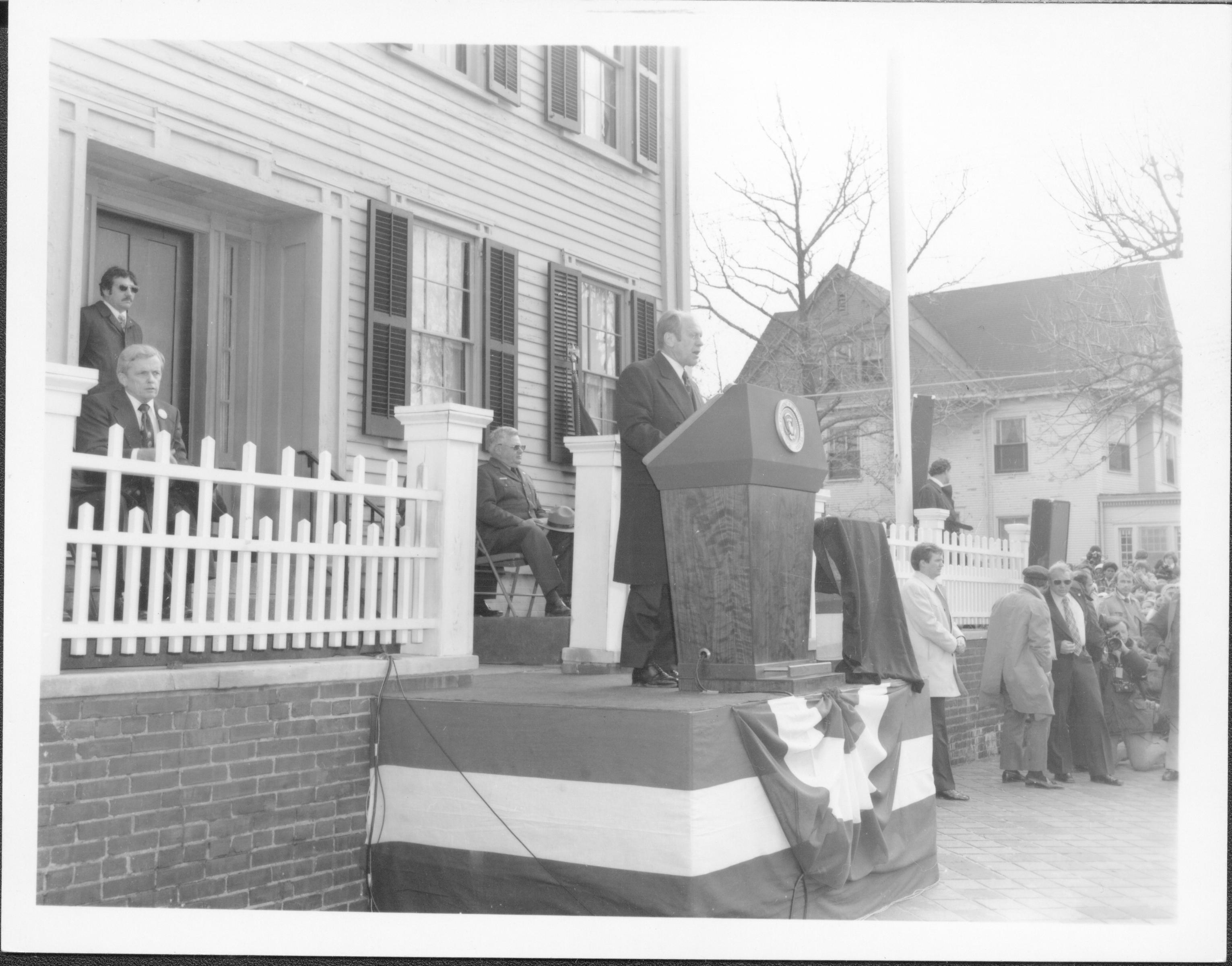 President Ford Lincoln Home NHS- President Ford and V.C. Corner Stone, neg #16 class 1000, class 8 pic 16, 126 President, Ford, visit, dedication