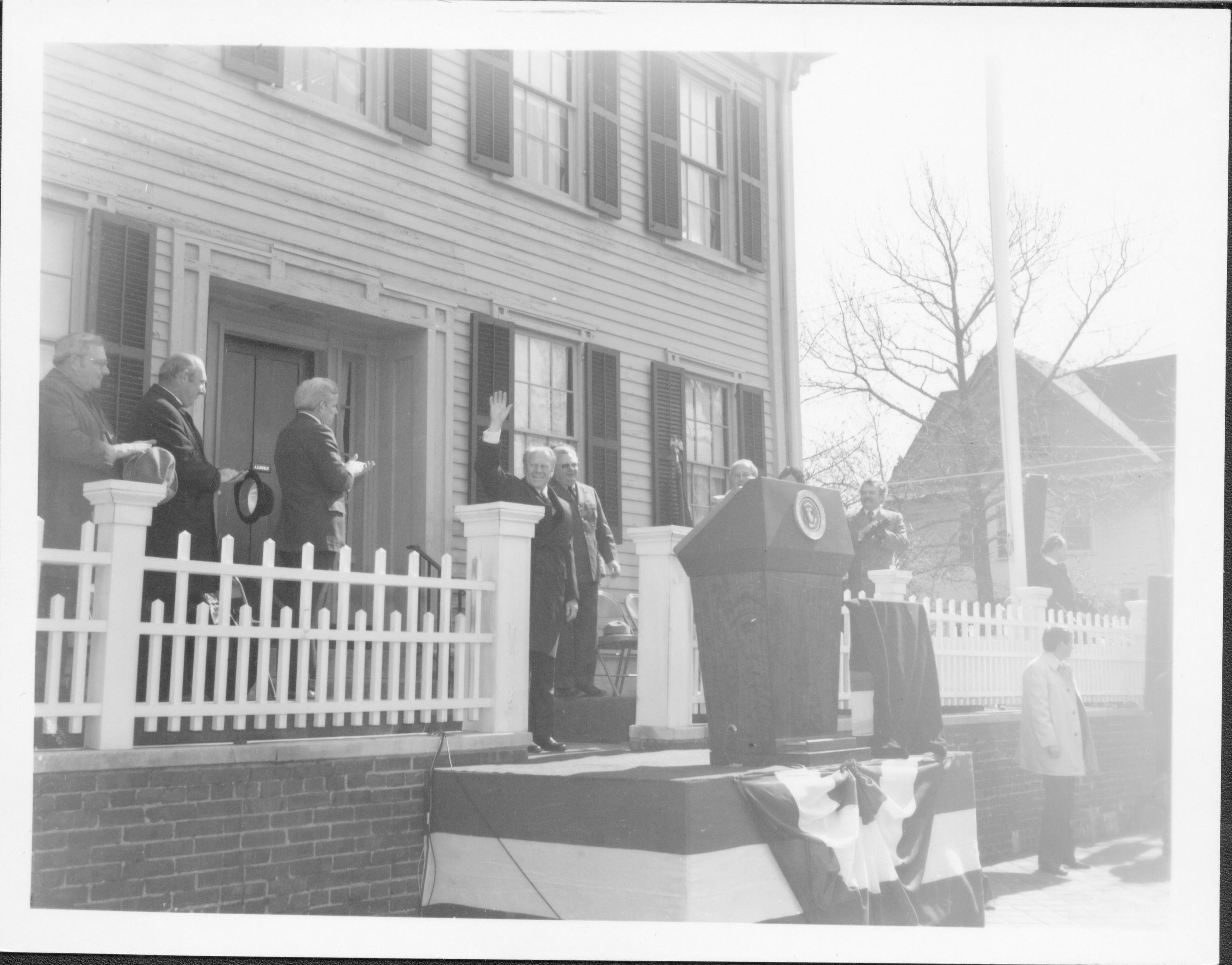 President Ford waving to the crowd Lincoln Home NHS- President Ford and V.C. Corner Stone, neg #2 class 1000, class 8 pic 2, 111 President, Ford, visit, dedication