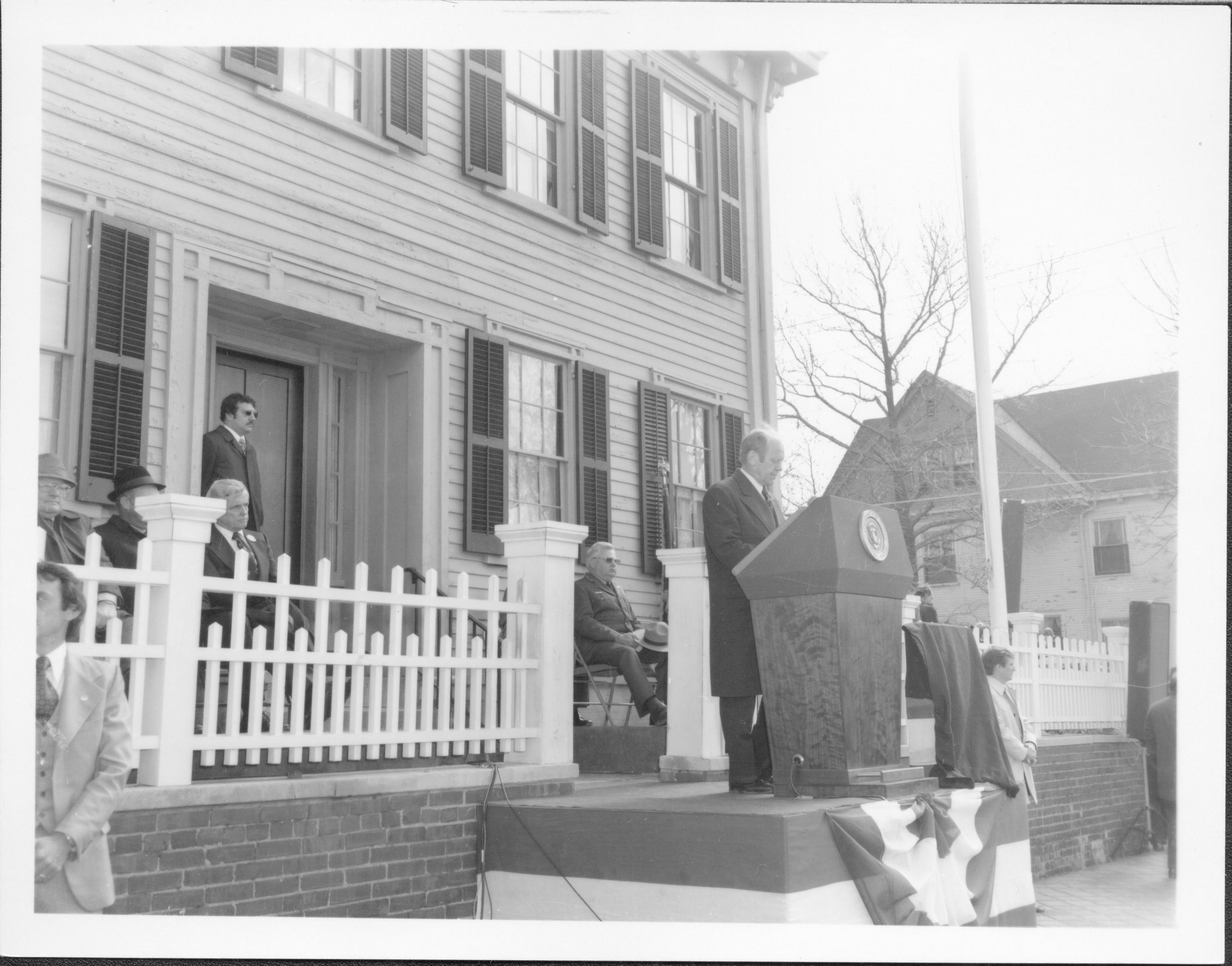 President Ford Lincoln Home NHS- President Ford and V.C. Corner Stone, neg #13 class 1000, class 8 pic 13, 123 President, Ford, visit, dedication