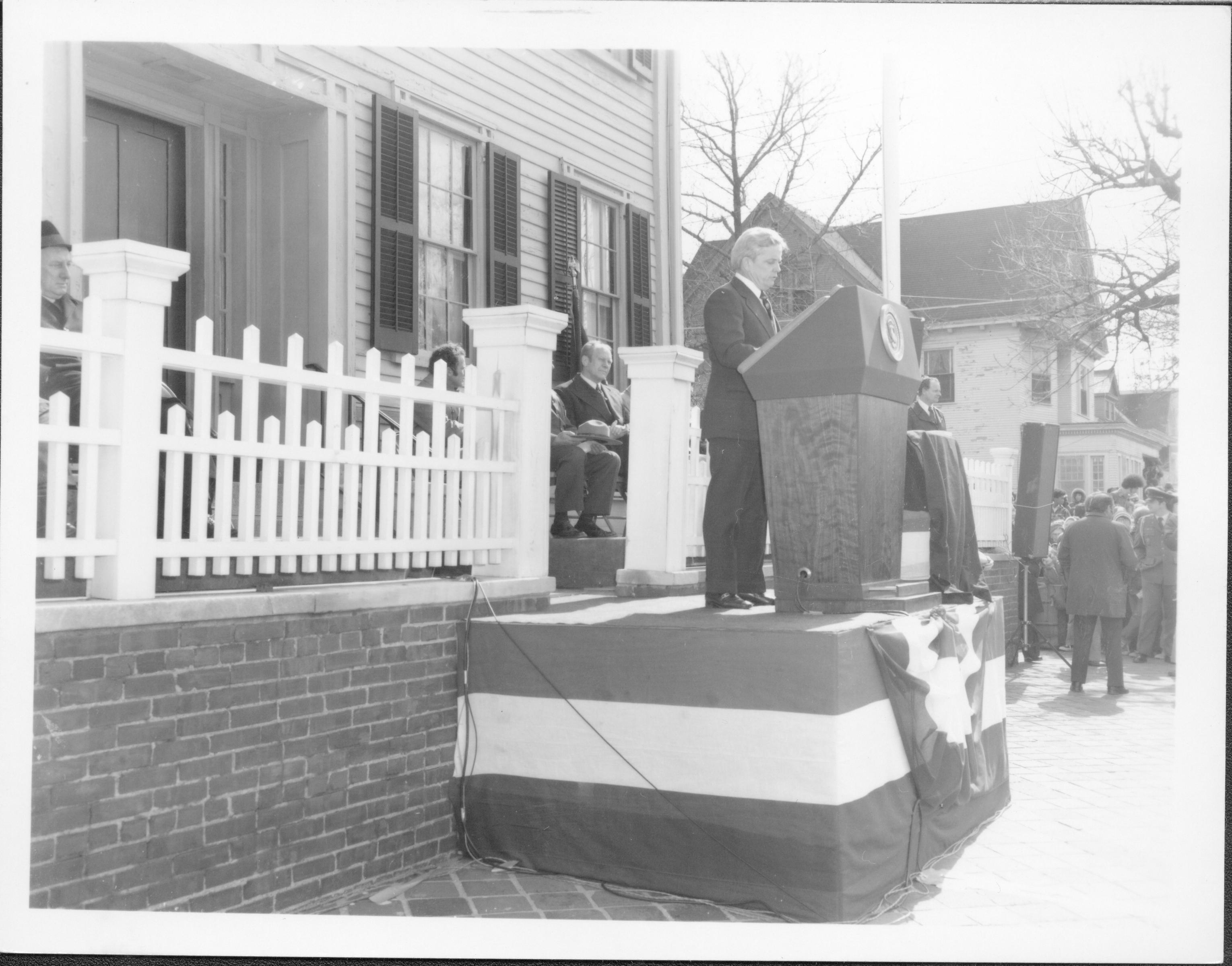 Congressman Findley Lincoln Home NHS- President Ford and V.C. Corner Stone, neg #9 class 1000, class 8 pic 9, 119 President, Ford, visit, dedication