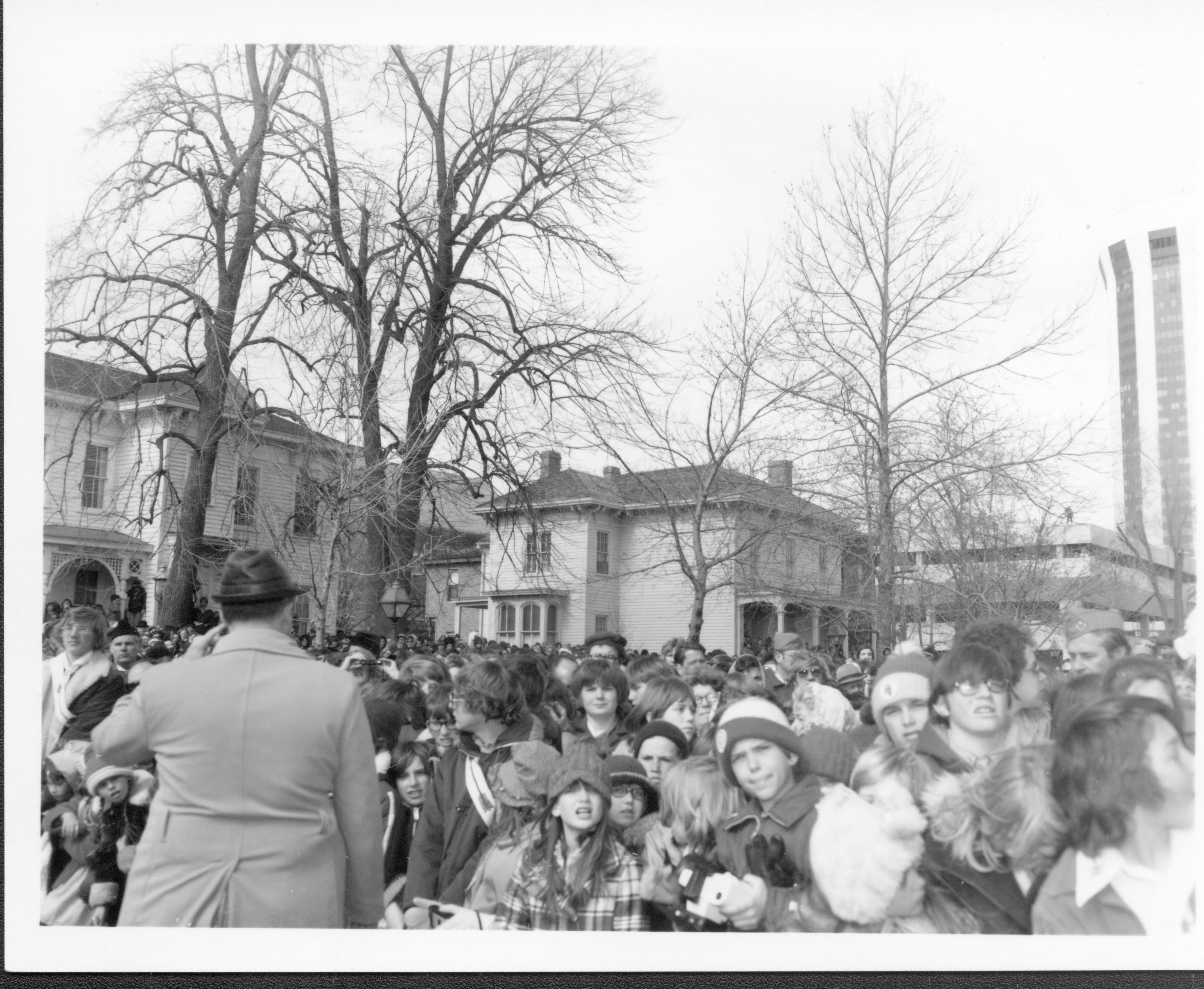 Ford visit- crowd, stand at Lincoln Home looking North Lincoln Home NHS- President Ford and Visitor Center Corner Stone, neg #33 class 1000, class 8 pic 6 President, Ford, visit