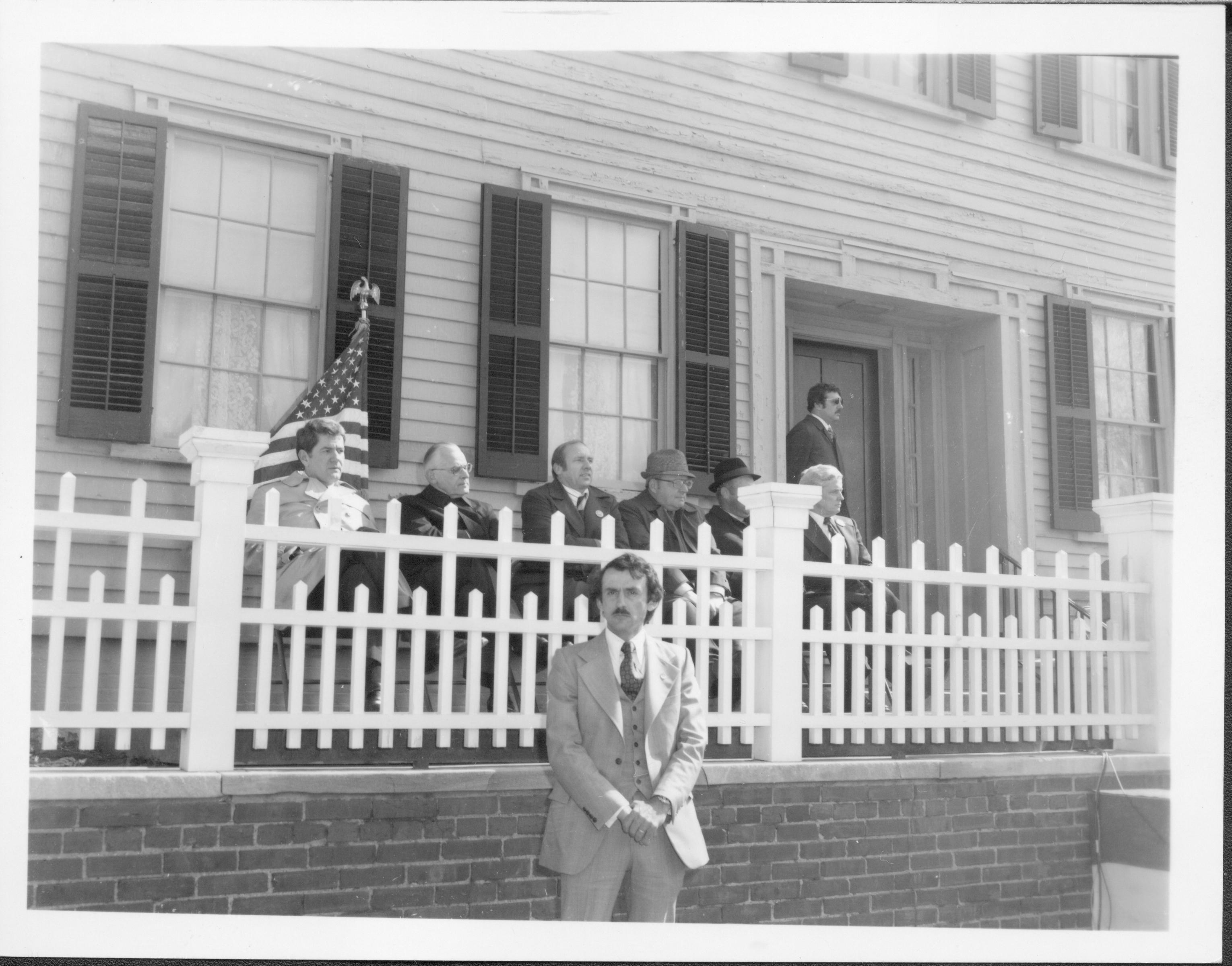 Dignitaries in front of Lincoln Home Lincoln Home NHS- President Ford and V.C. Corner Stone, neg #8 class 1000, class 8 pic 8, 118 President, Ford, visit, dedication