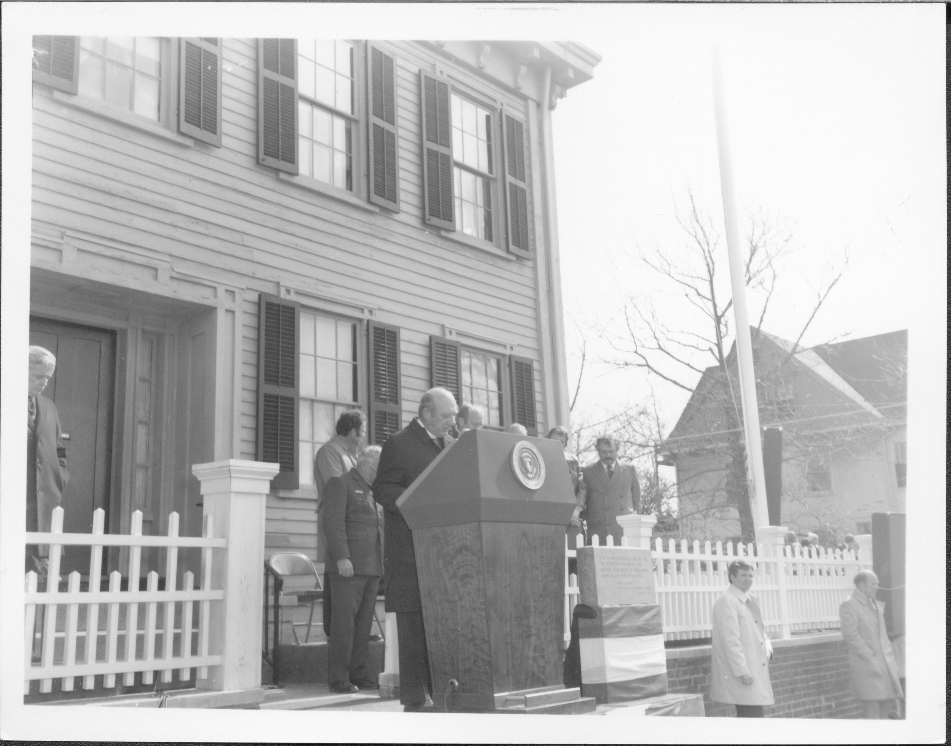 Monsignar  of Blessed Sacrament Church Lincoln Home NHS- President Ford and V.C. Corner Stone, neg #17 class 1000, class 8 pic 17, 127 President, Ford, visit, dedication