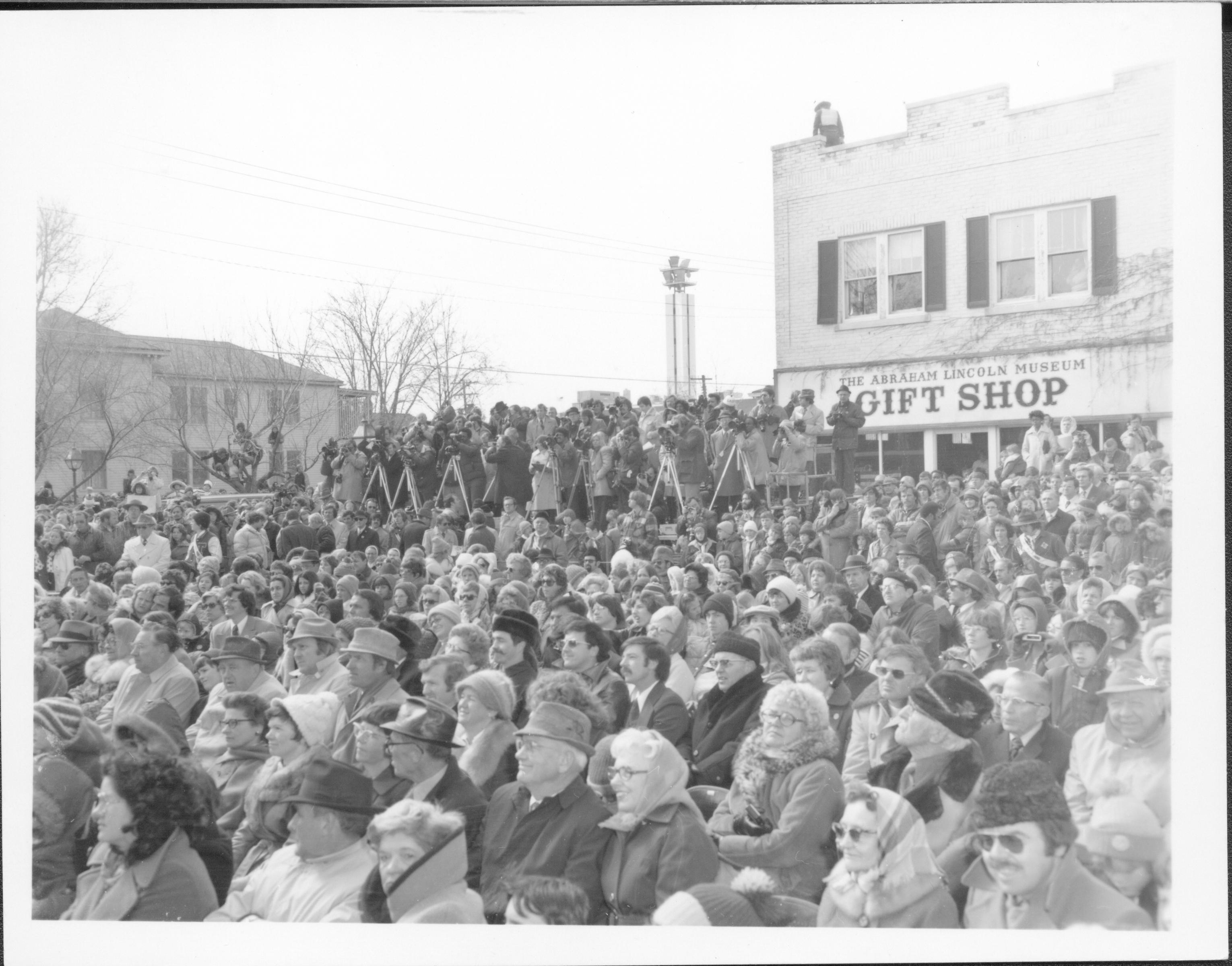 Crowd in front of Lincoln Home Lincoln Home NHS- President Ford and V.C. Corner Stone, neg #7 class 1000, class 8 pic 4, 114 President, Ford, visit, dedication