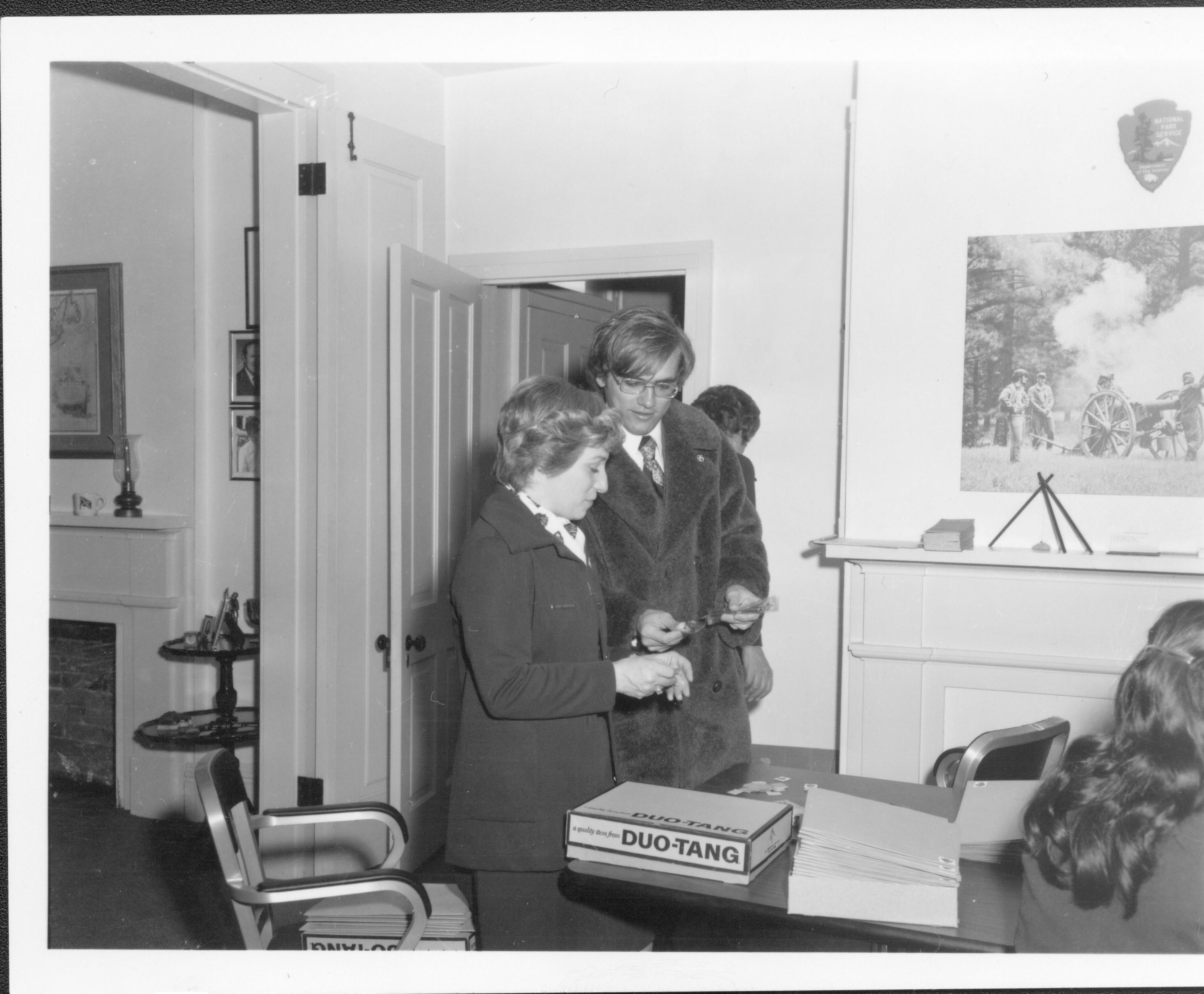 Judy Winkelmann in office before President Ford visit Lincoln Home NHS- President Ford and V.C. Corner Stone, neg #31 class 1000, class 8 pic 31, 141 President, Ford, visit